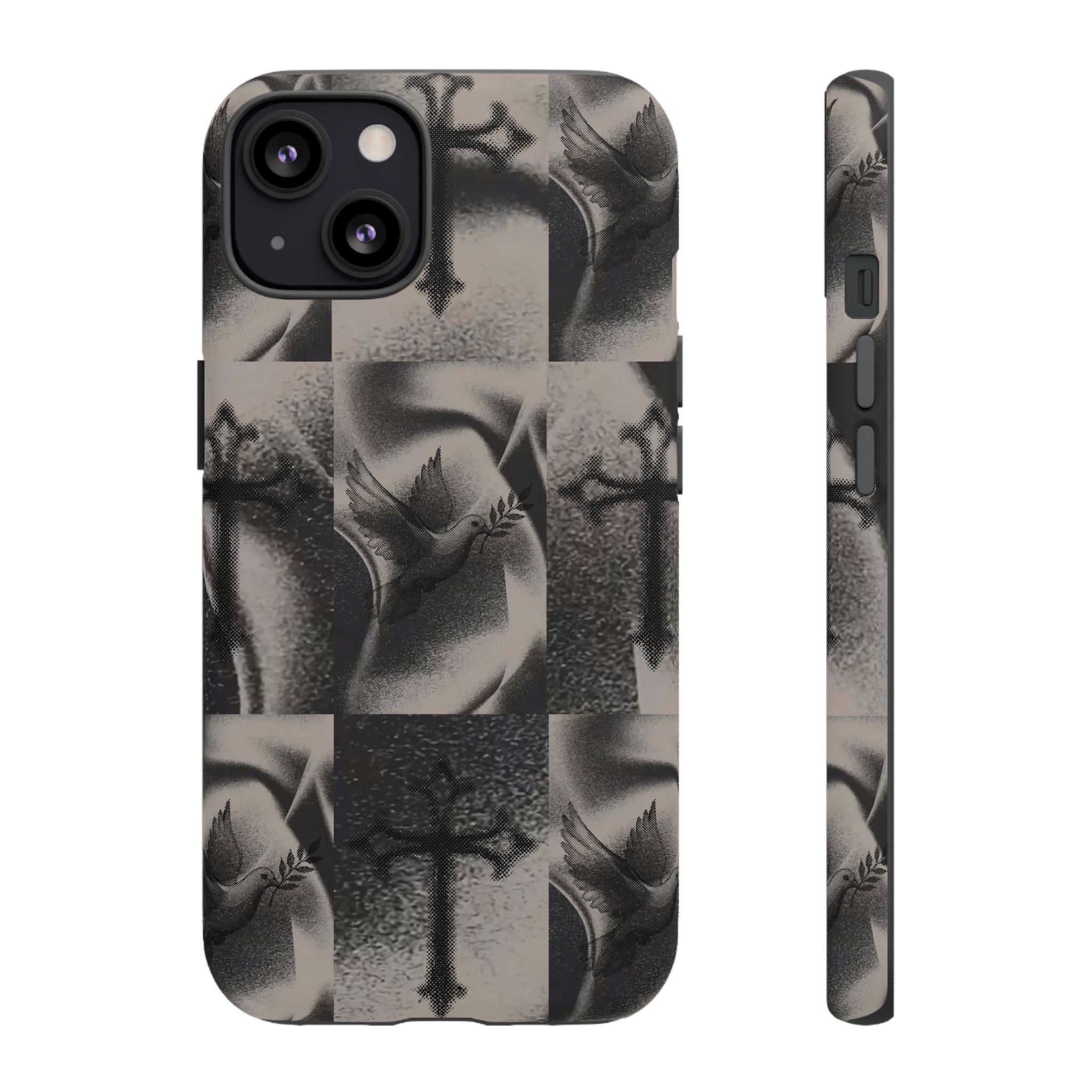 Gothic Cross & Dove Phone Case — Moody Checkerboard Protective Case