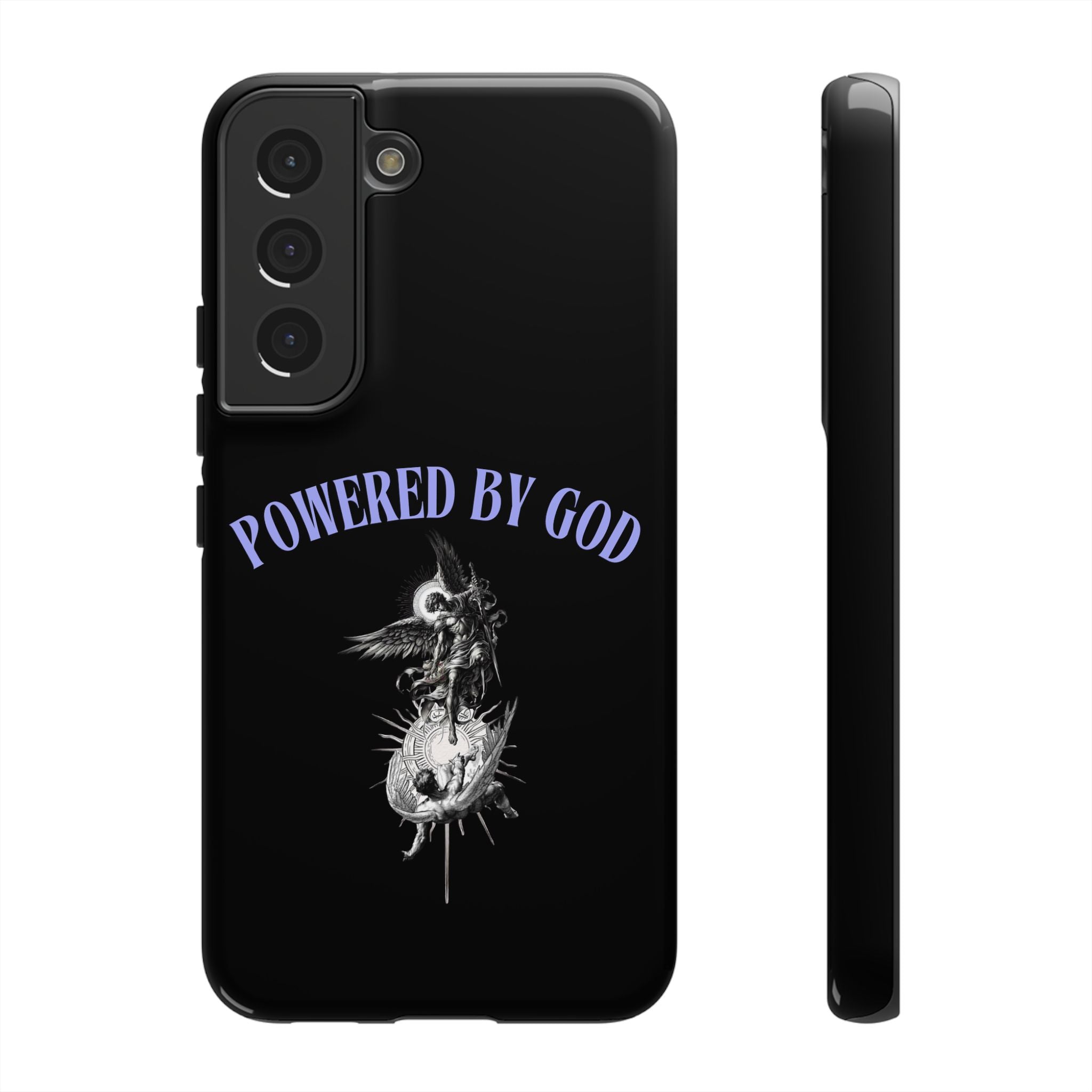 Phone Case — "Powered by God" Black Protective Case with Angelic Skull Design