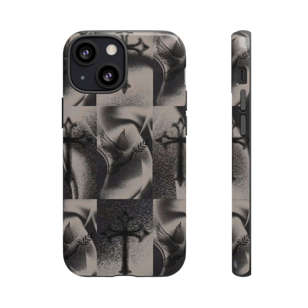 Gothic Cross & Dove Phone Case — Moody Checkerboard Protective Case