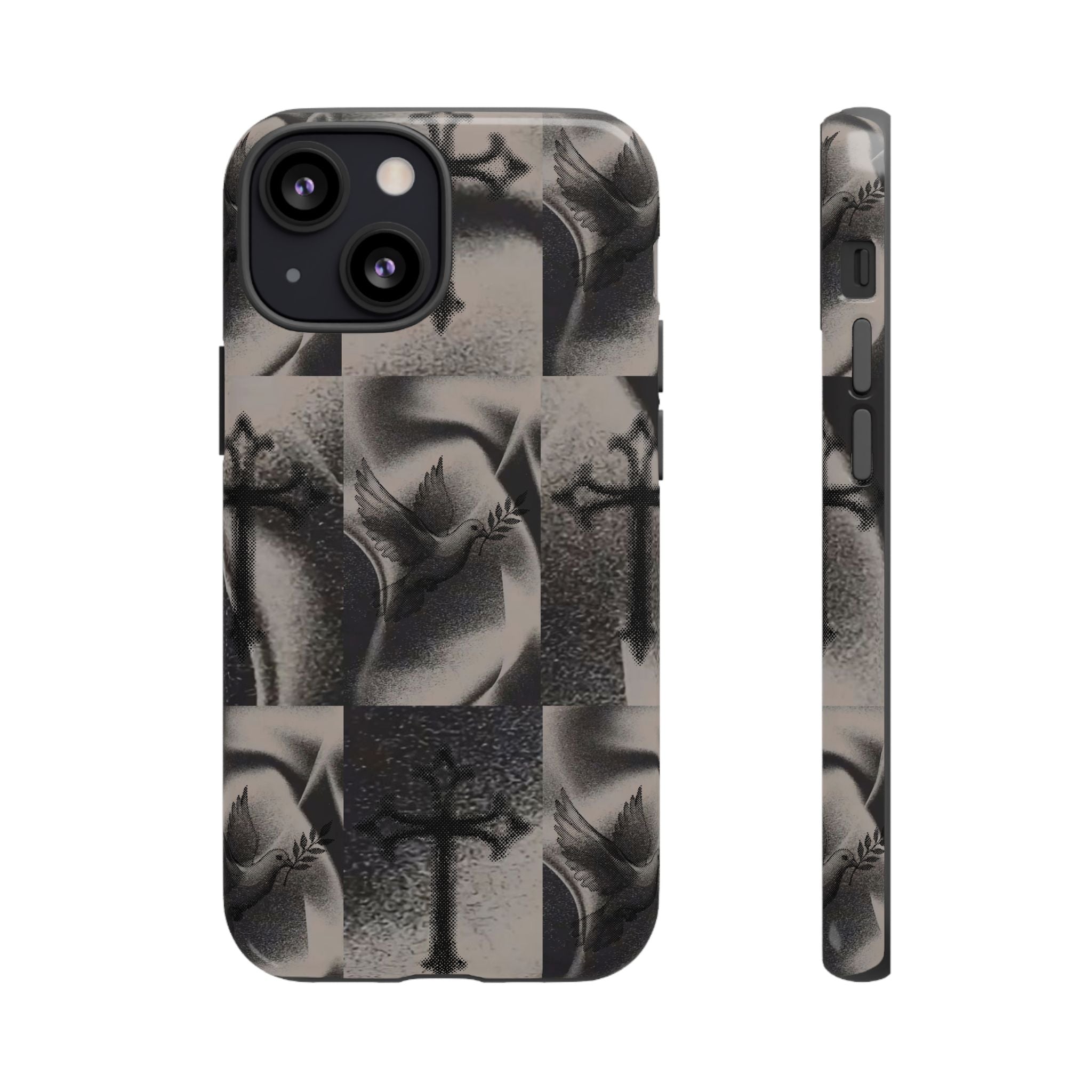 Gothic Cross & Dove Phone Case — Moody Checkerboard Protective Case