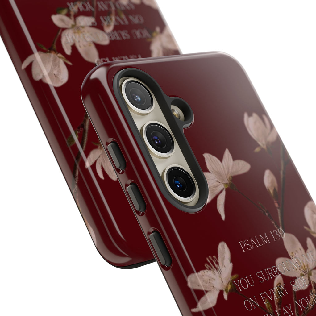 Floral Psalm Tough Phone Case — Burgundy Magnolia Branch with Psalm 139 Verse