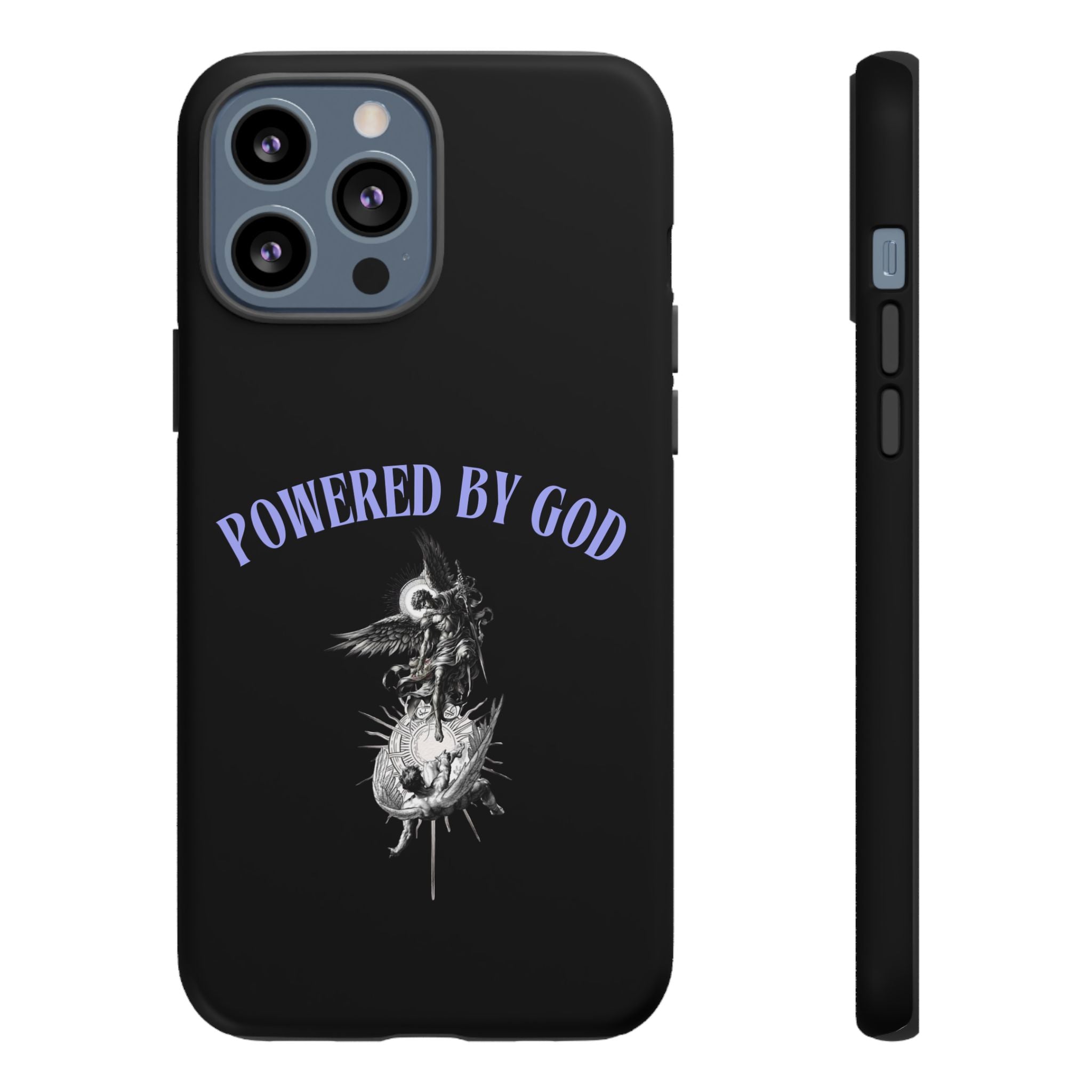 Phone Case — "Powered by God" Black Protective Case with Angelic Skull Design