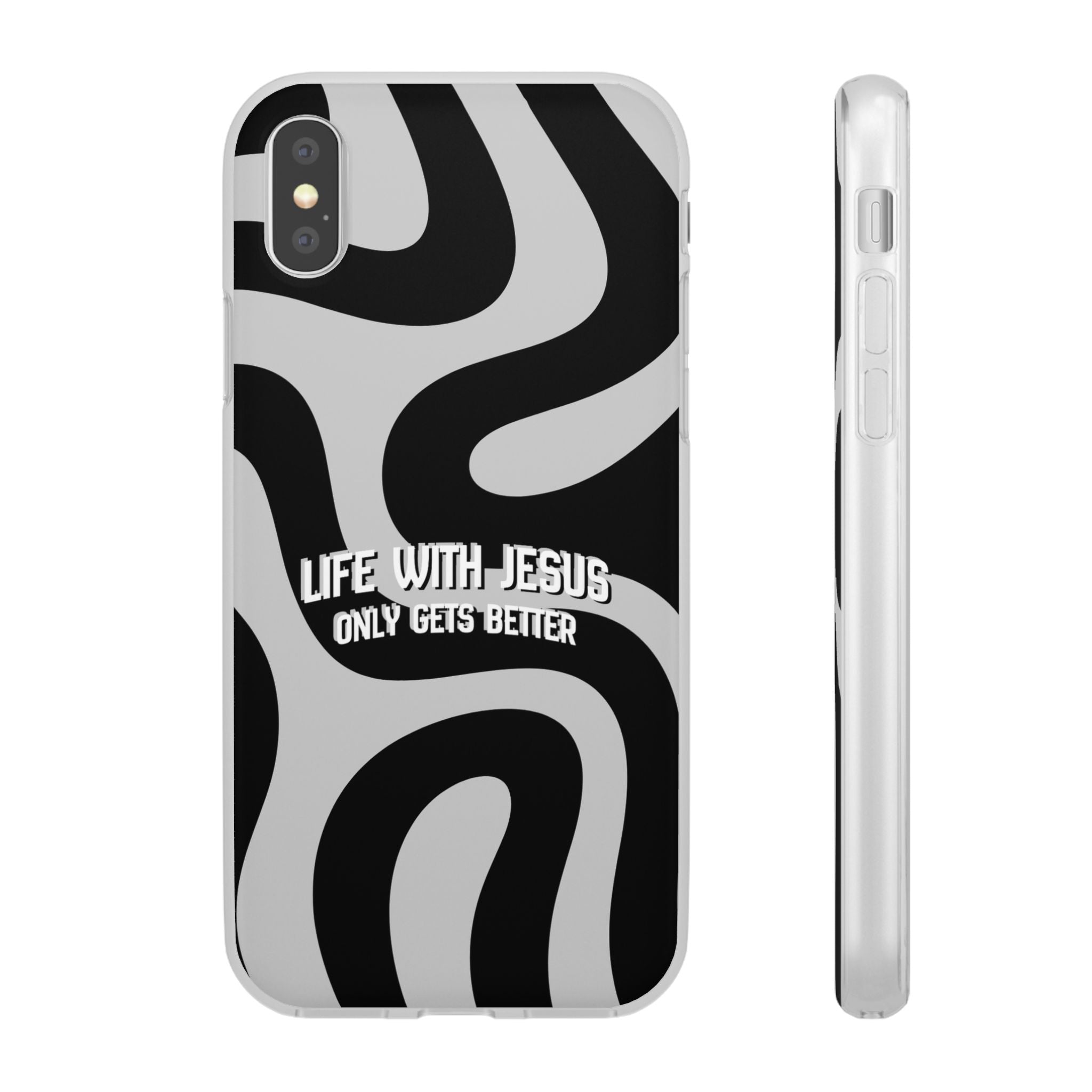 Religious Phone Case — "Life With Jesus Only Gets Better" Black & White Swirl Flexi Case