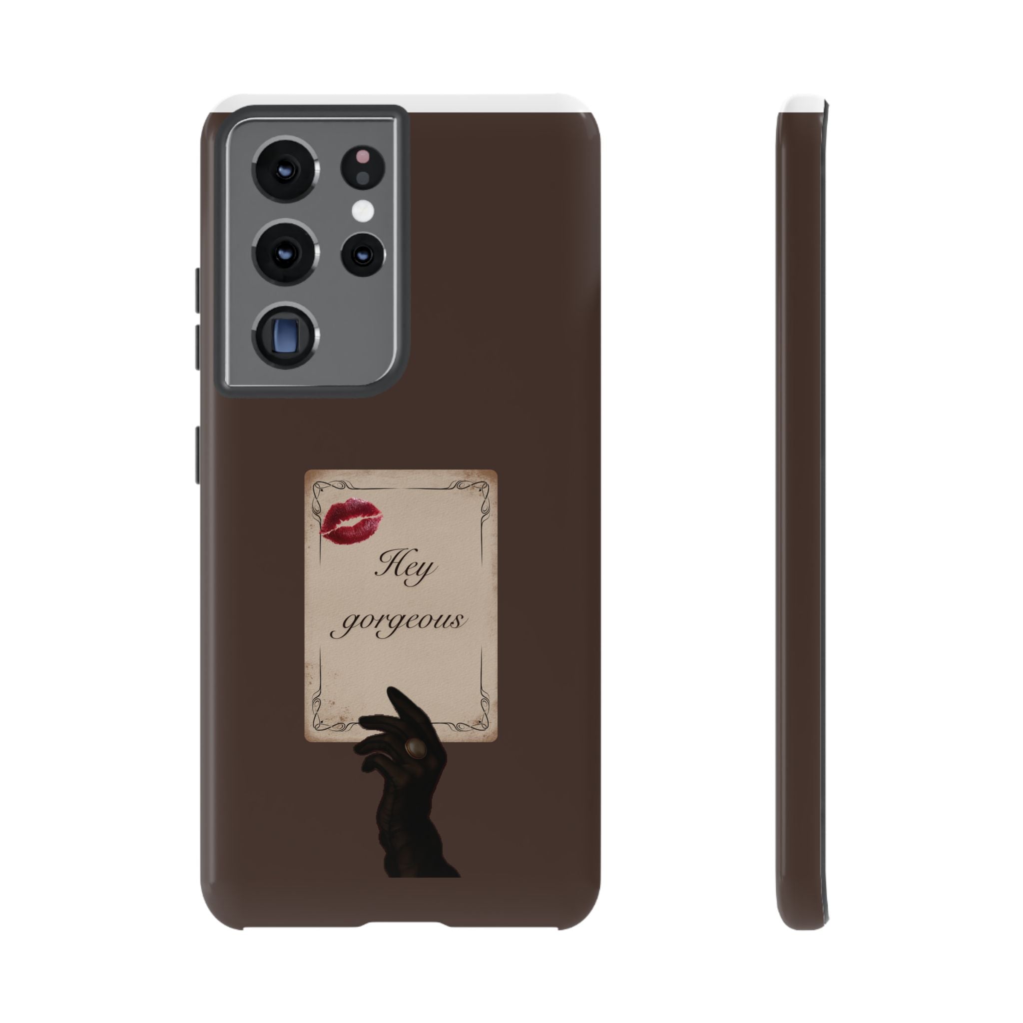 Hey Gorgeous Phone Case — Brown Lip Print & Shadow Hand Protective Cover