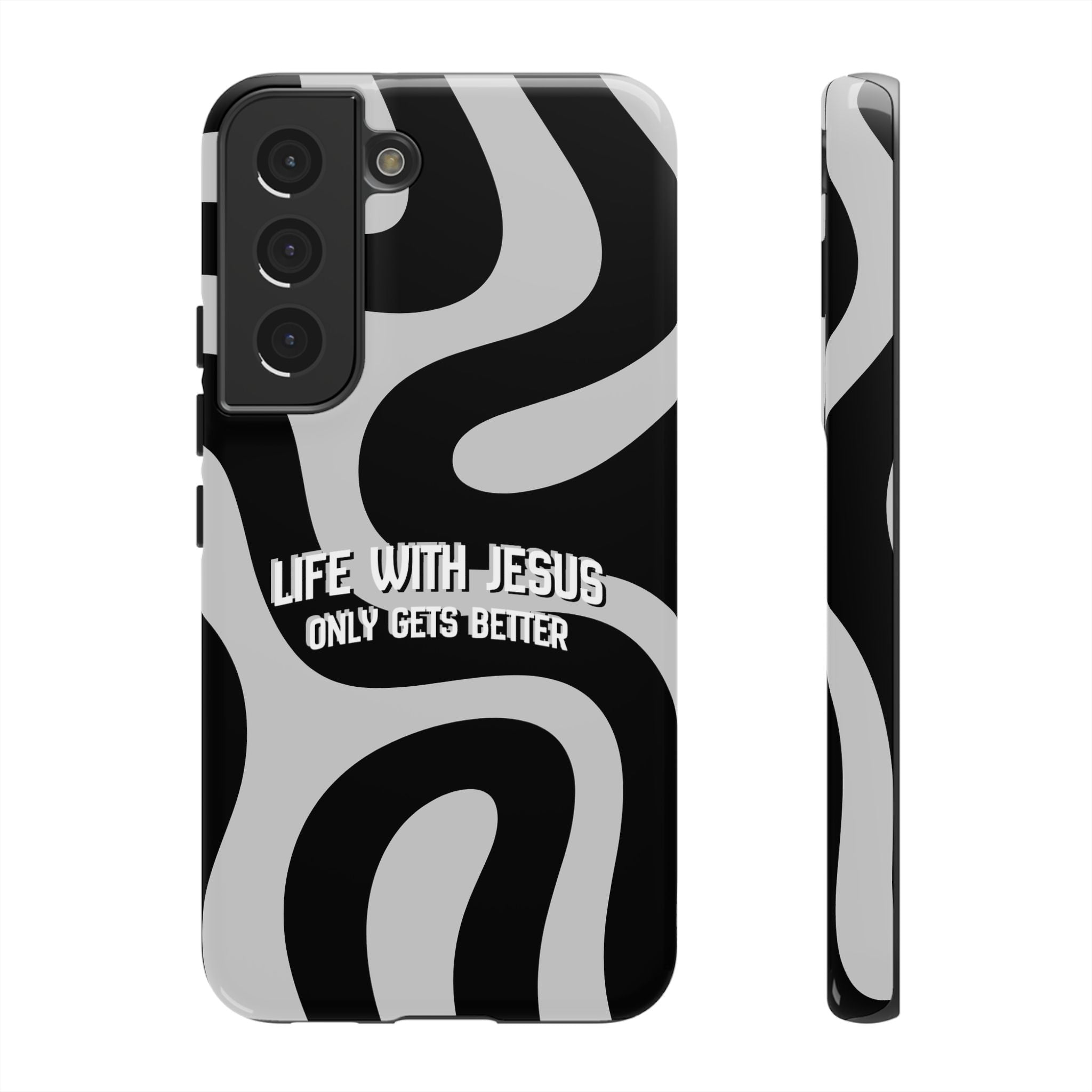 Christian iPhone Tough Case — "Life With Jesus Only Gets Better" Black & White Swirl Design