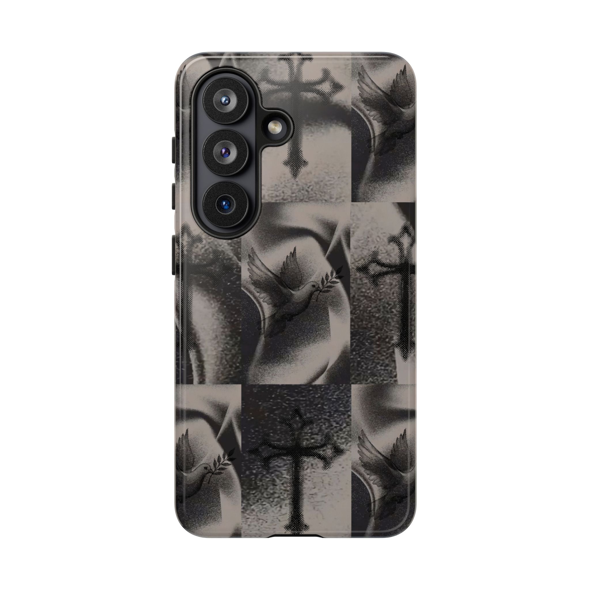 Gothic Cross & Dove Phone Case — Moody Checkerboard Protective Case