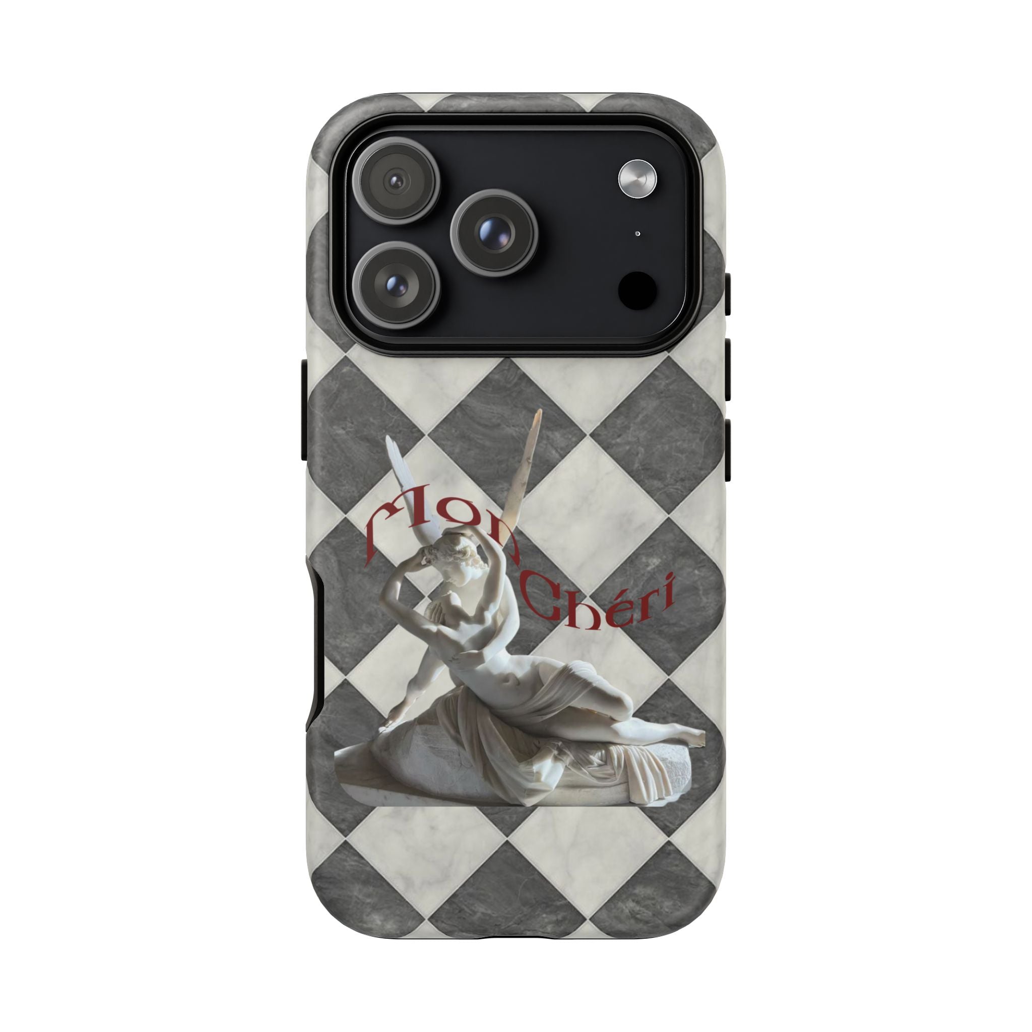 Phone Case — Vintage Harlequin Design with 'Mon Cheri' Statue Accent