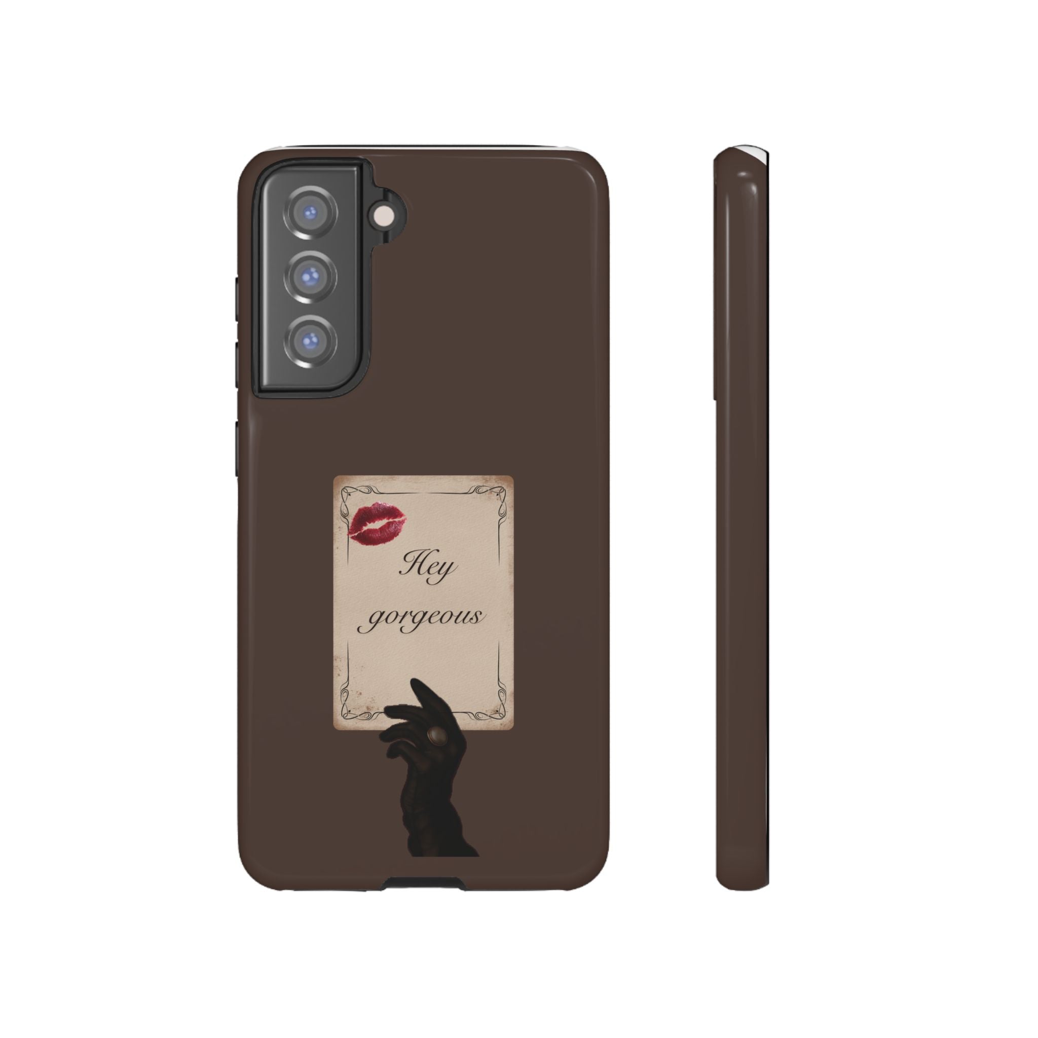 Hey Gorgeous Phone Case — Brown Lip Print & Shadow Hand Protective Cover