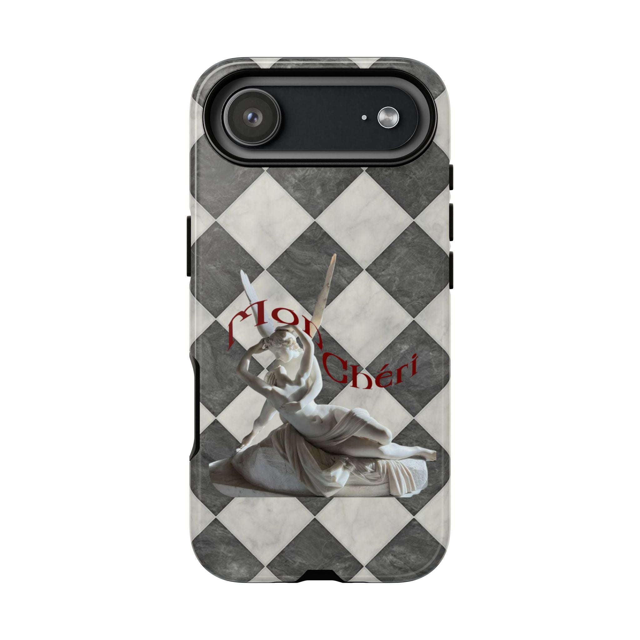 Phone Case — Vintage Harlequin Design with 'Mon Cheri' Statue Accent