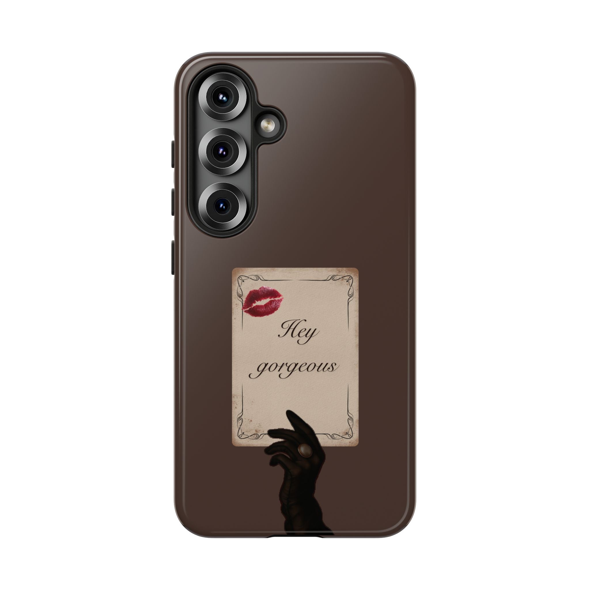 Hey Gorgeous Phone Case — Brown Lip Print & Shadow Hand Protective Cover