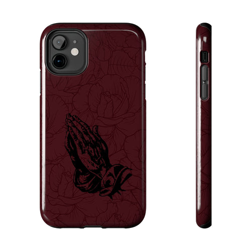 Burgundy Praying Hands Tough Phone Case – Floral Background, Religious Protective Cover