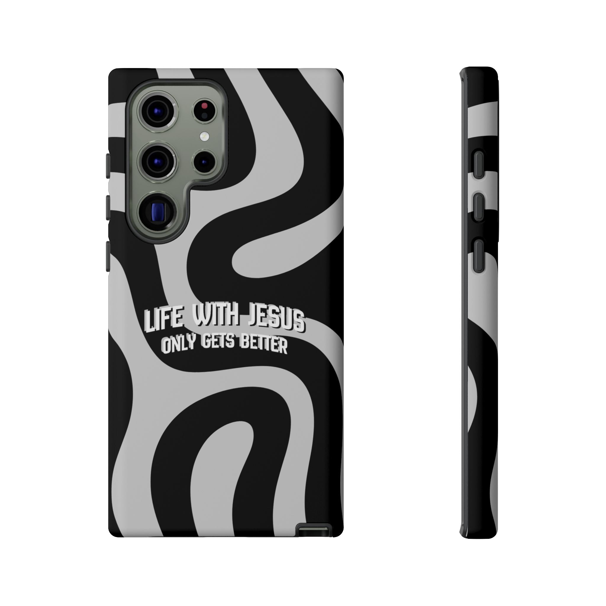 Christian iPhone Tough Case — "Life With Jesus Only Gets Better" Black & White Swirl Design
