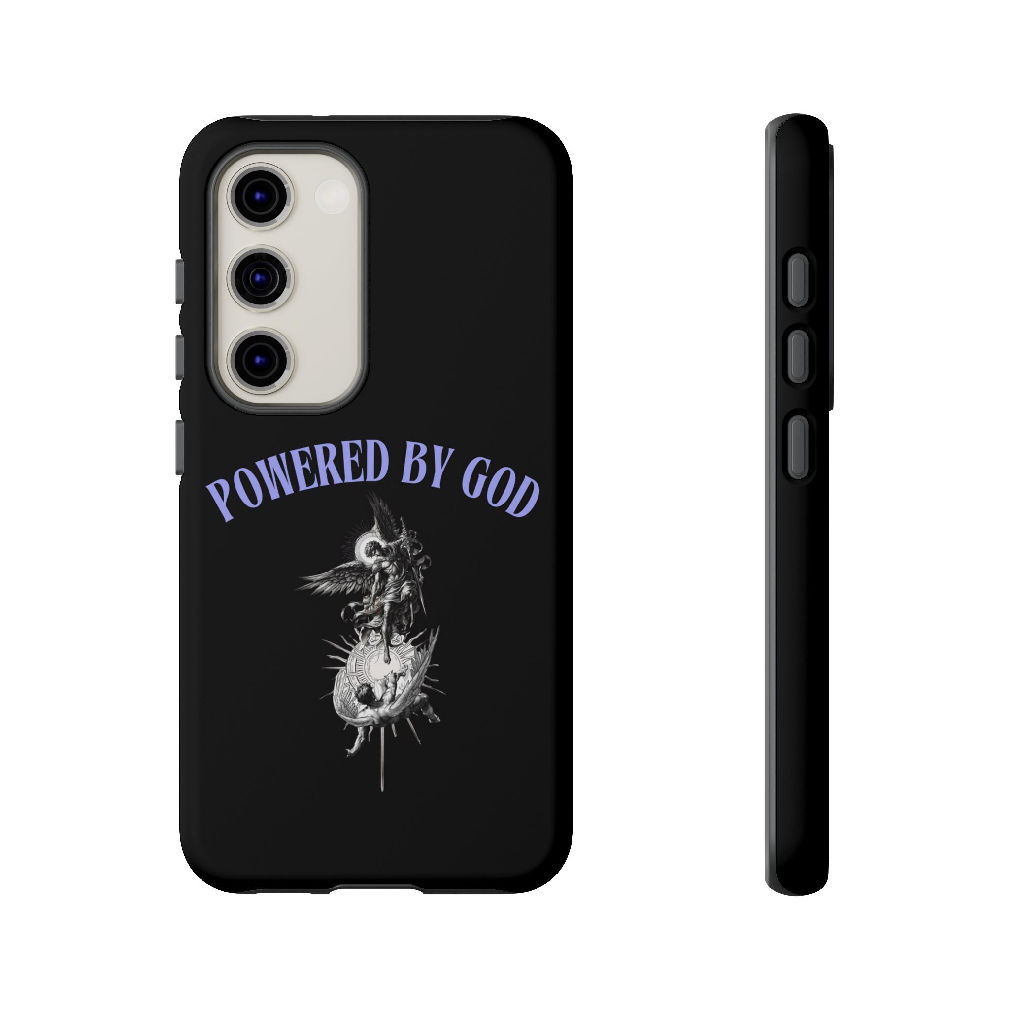 Phone Case — "Powered by God" Black Protective Case with Angelic Skull Design