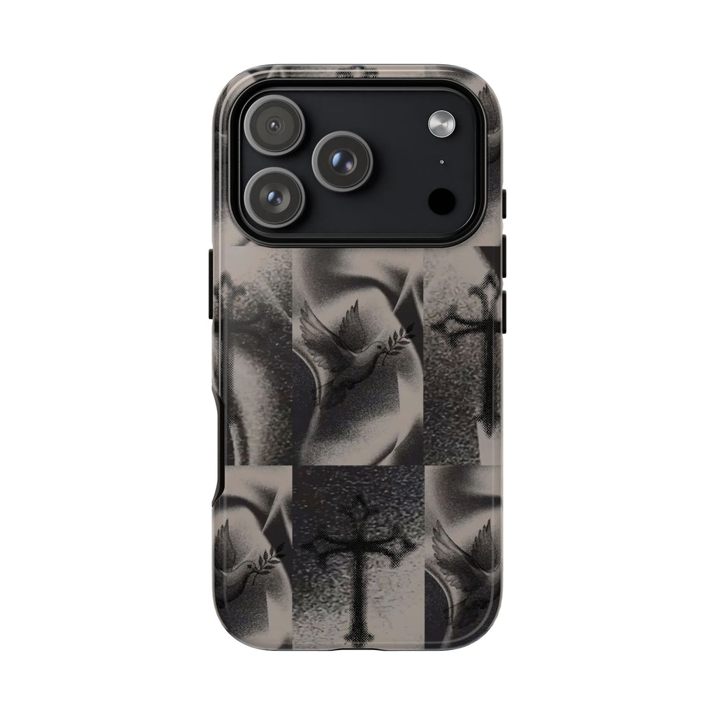 Gothic Cross & Dove Phone Case — Moody Checkerboard Protective Case