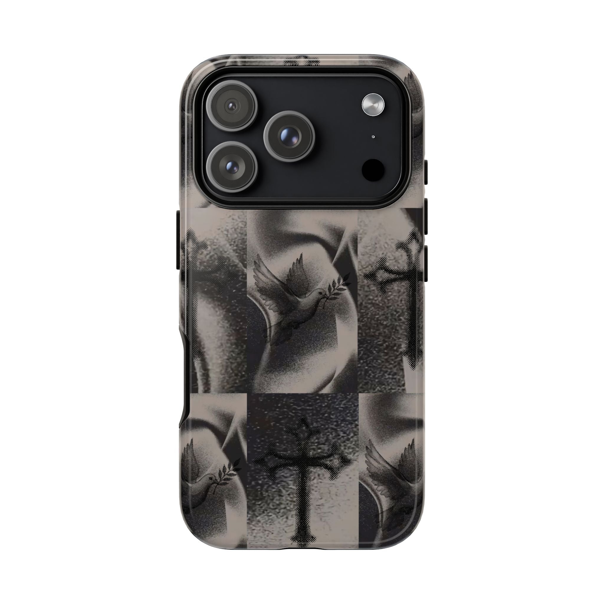Gothic Cross & Dove Phone Case — Moody Checkerboard Protective Case