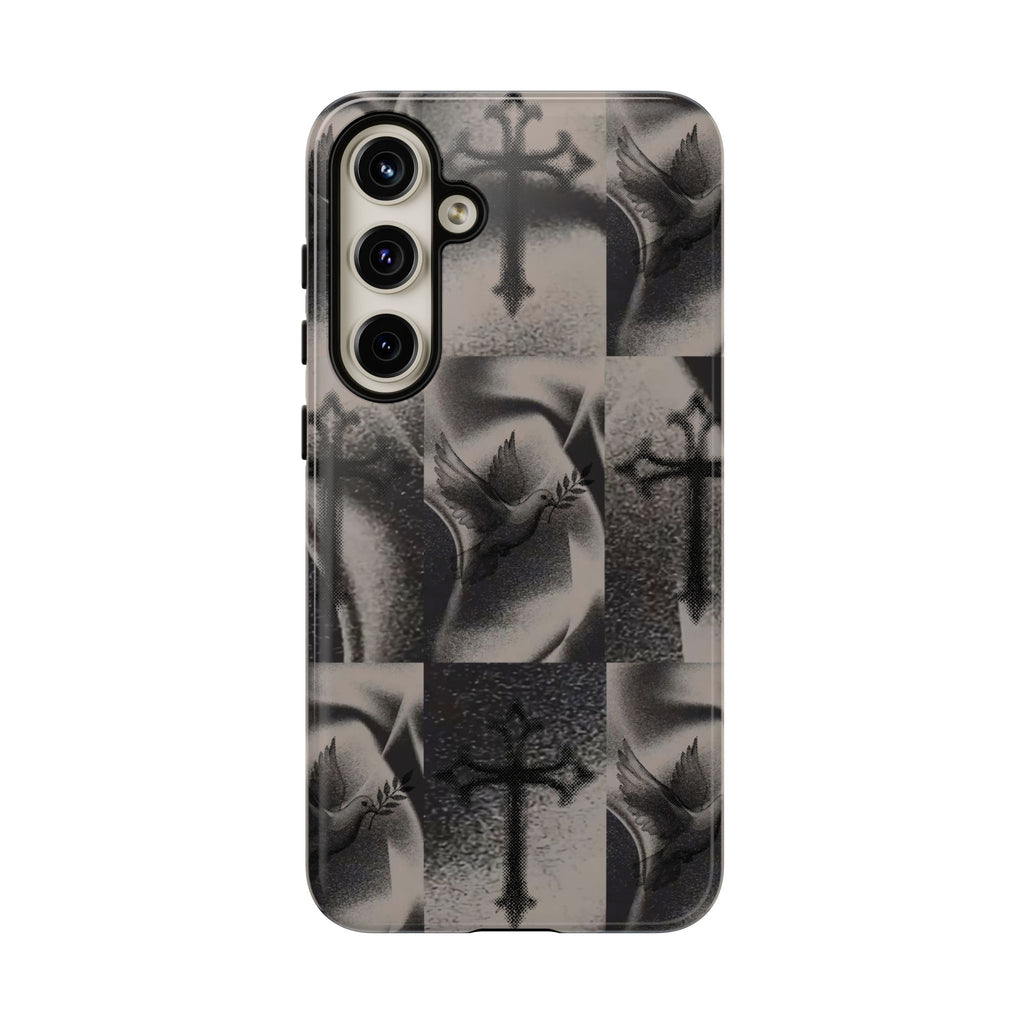 Gothic Cross & Dove Phone Case — Moody Checkerboard Protective Case