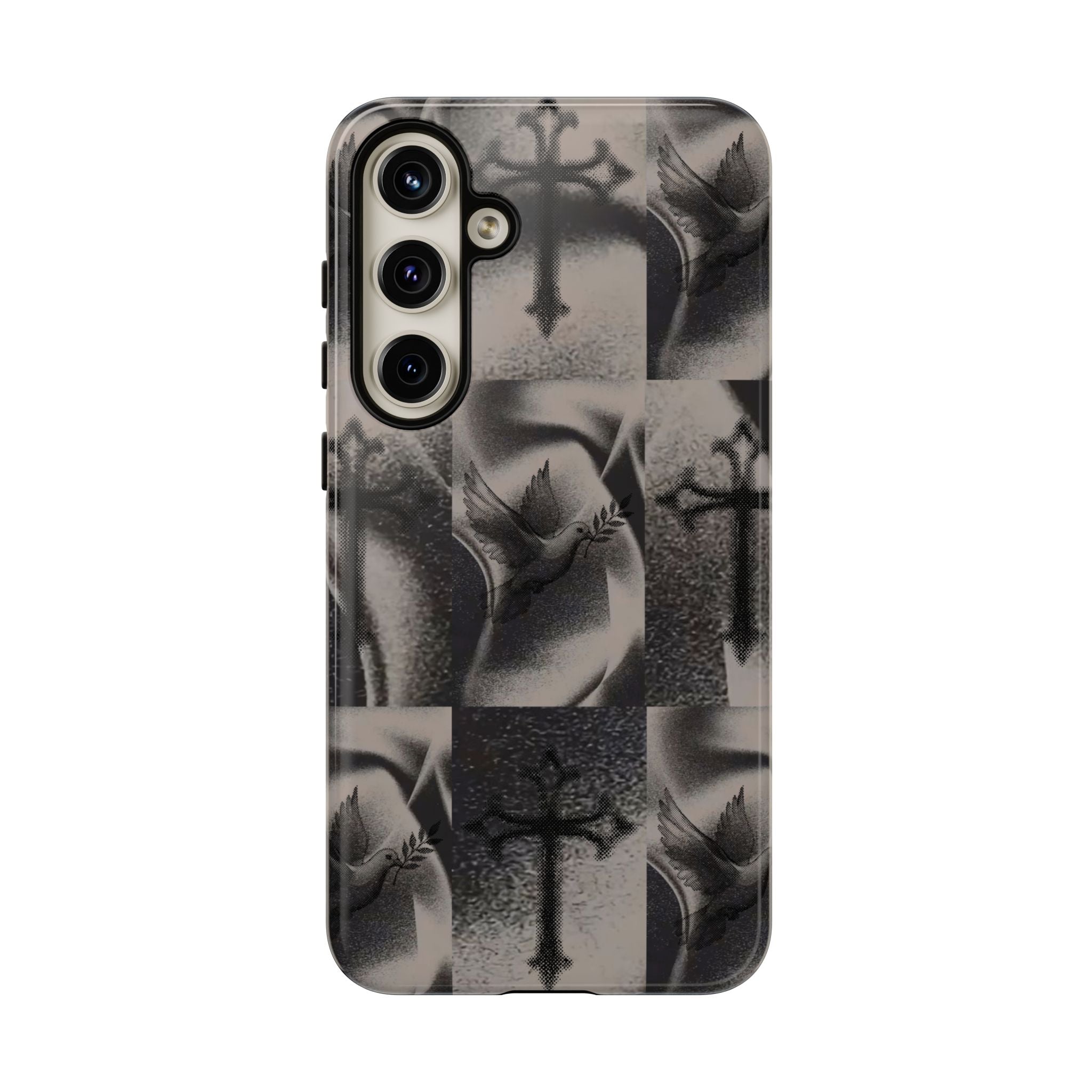 Gothic Cross & Dove Phone Case — Moody Checkerboard Protective Case