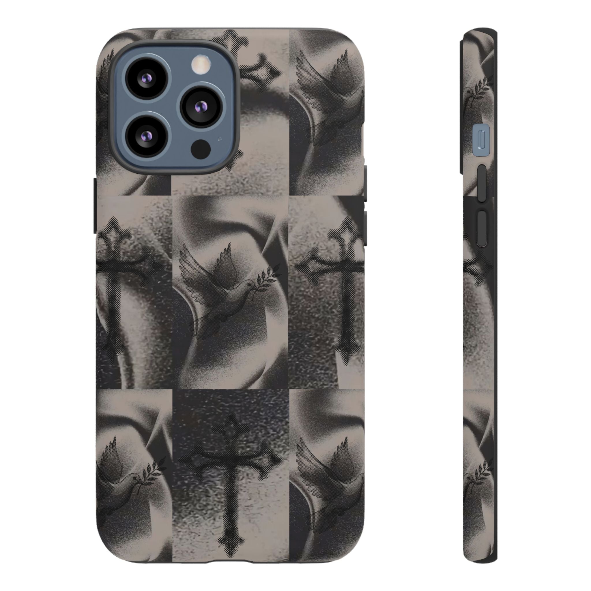 Gothic Cross & Dove Phone Case — Moody Checkerboard Protective Case