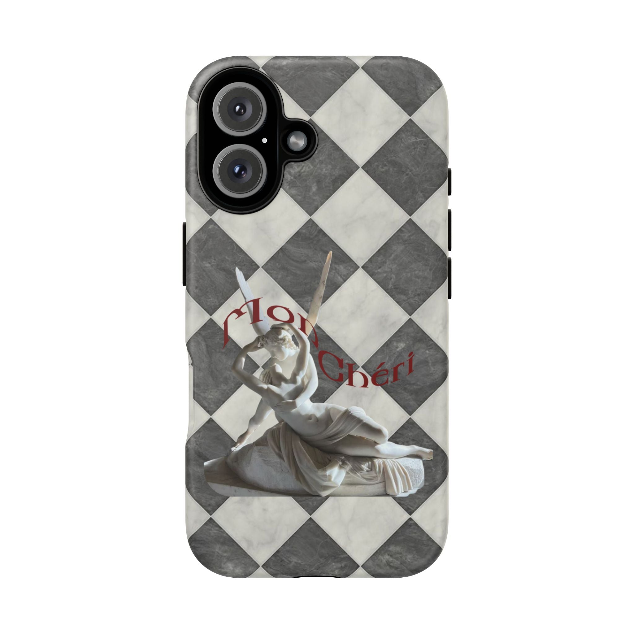 Phone Case — Vintage Harlequin Design with 'Mon Cheri' Statue Accent