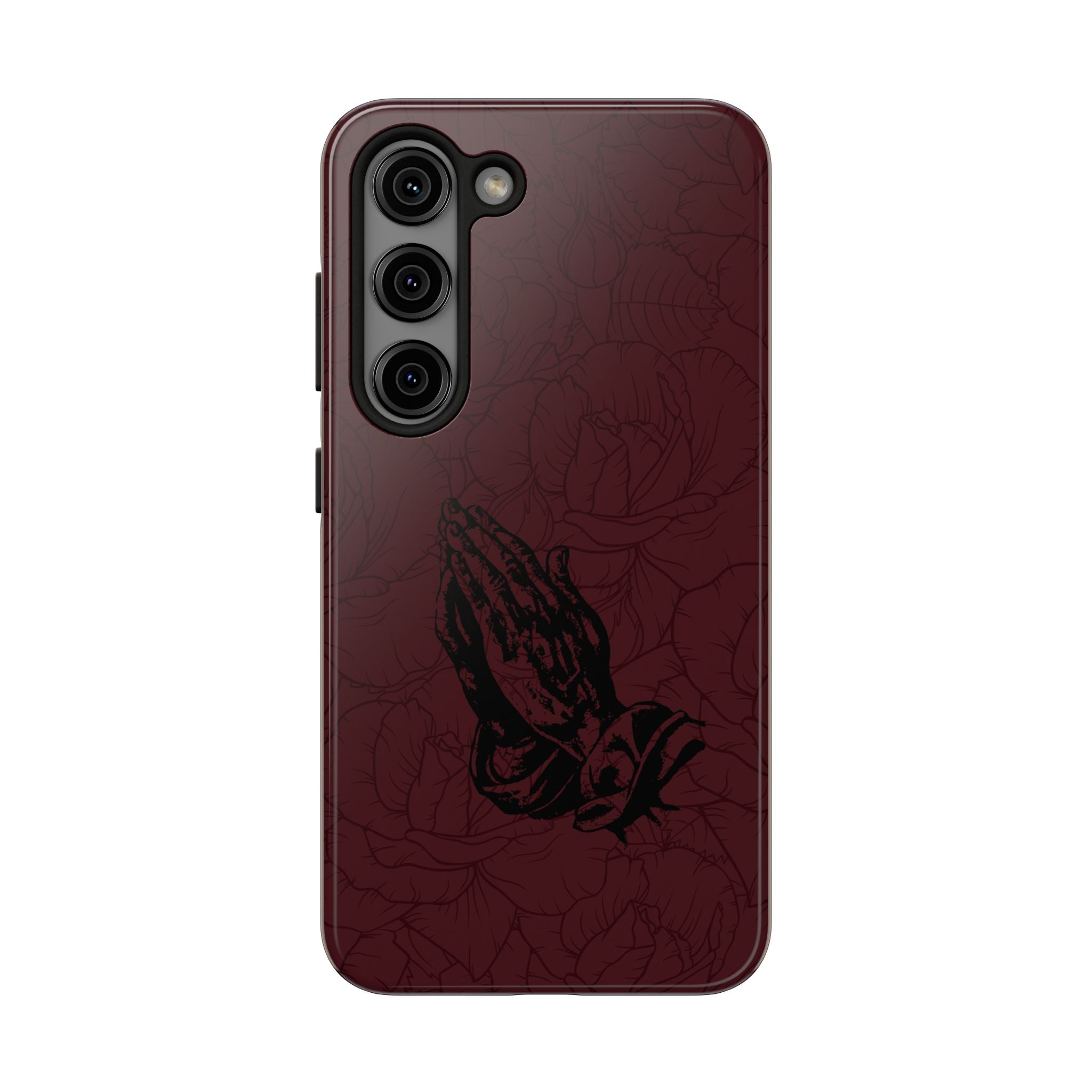 Burgundy Praying Hands Tough Phone Case – Floral Background, Religious Protective Cover