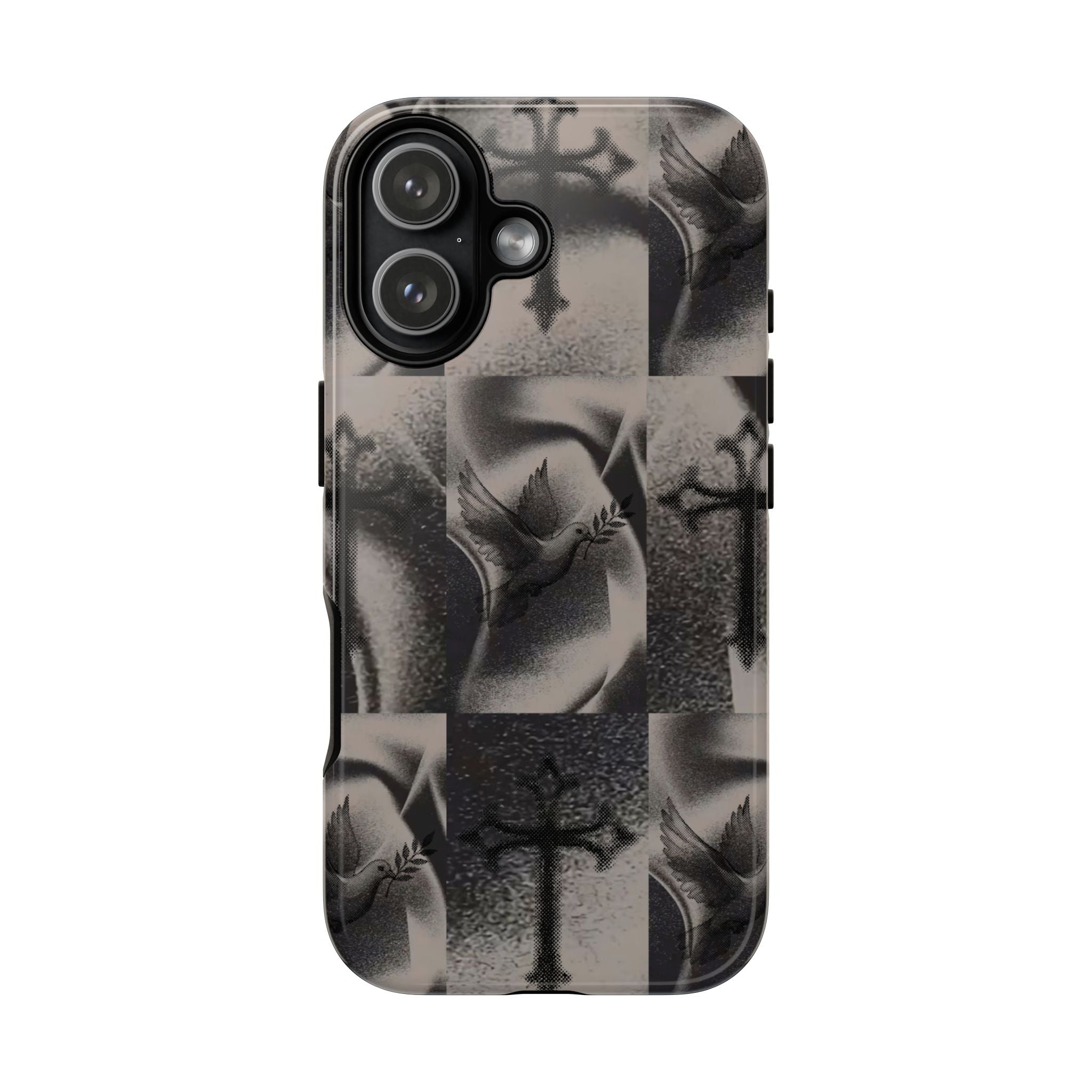 Gothic Cross & Dove Phone Case — Moody Checkerboard Protective Case
