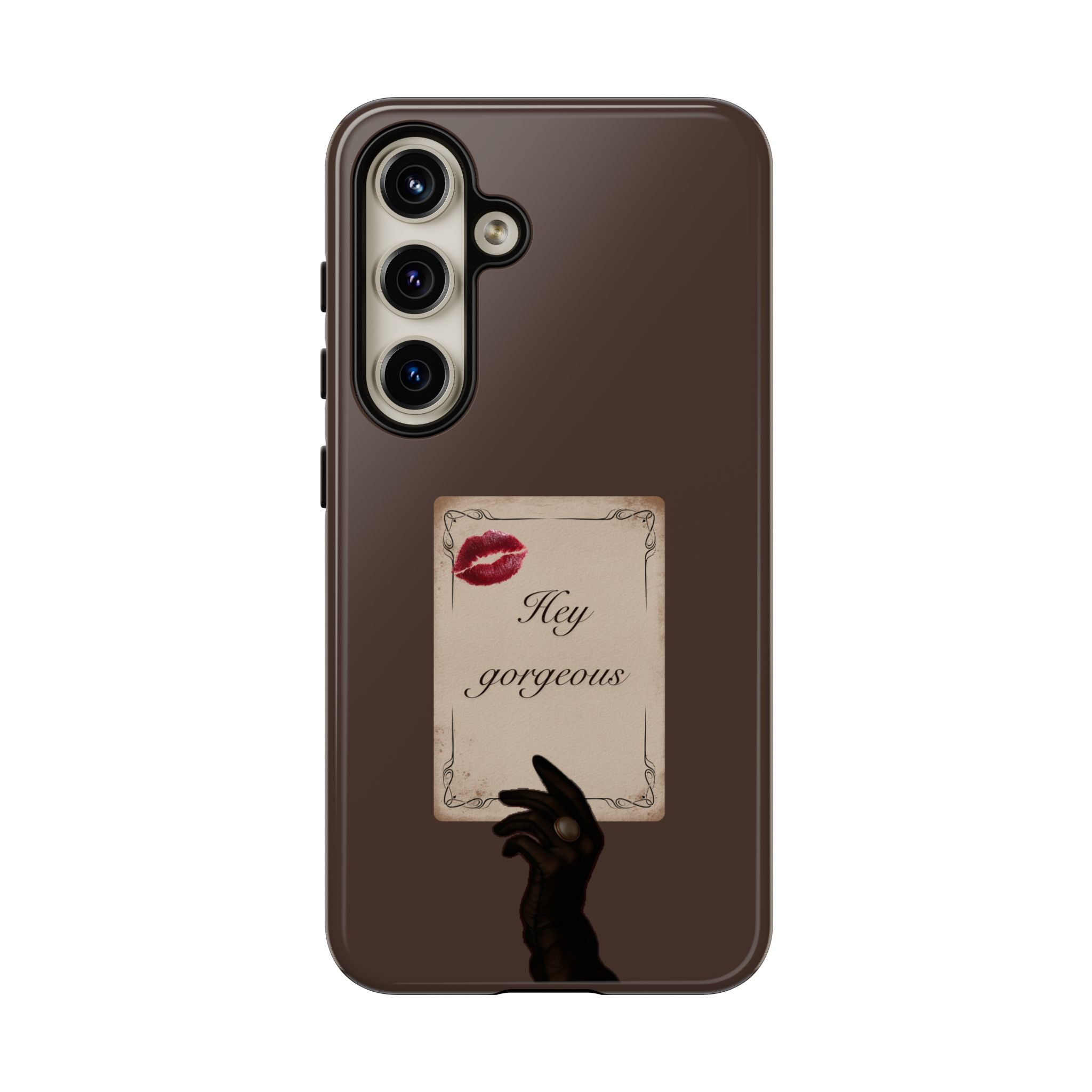 Hey Gorgeous Phone Case — Brown Lip Print & Shadow Hand Protective Cover