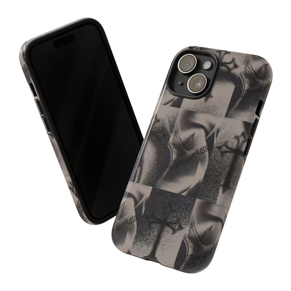 Gothic Cross & Dove Phone Case — Moody Checkerboard Protective Case