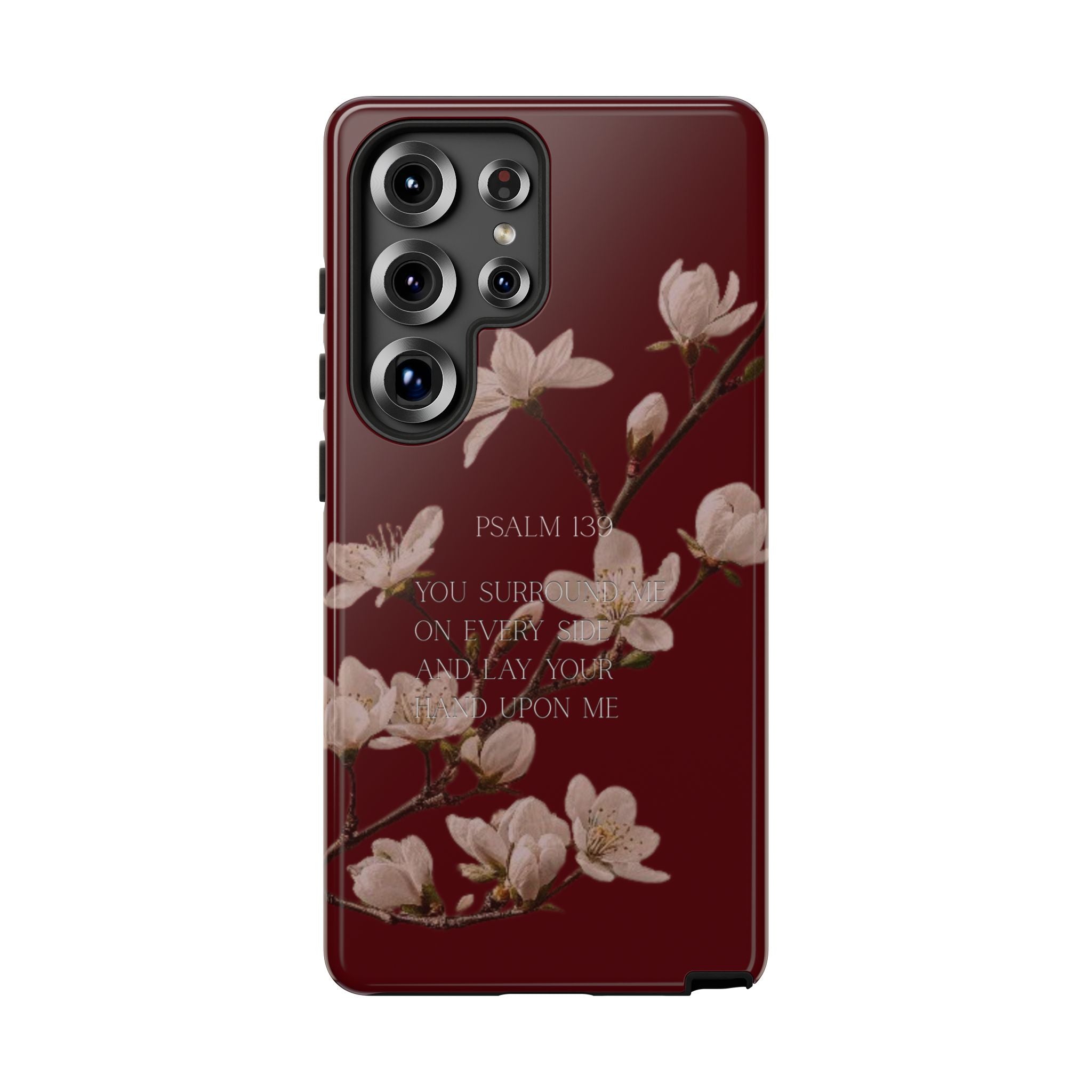 Floral Psalm Tough Phone Case — Burgundy Magnolia Branch with Psalm 139 Verse