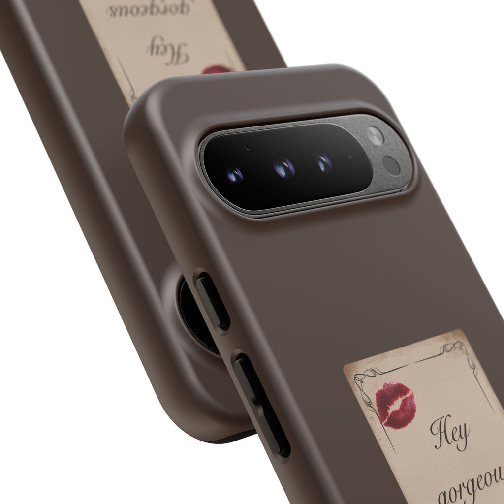 Hey Gorgeous Phone Case — Brown Lip Print & Shadow Hand Protective Cover