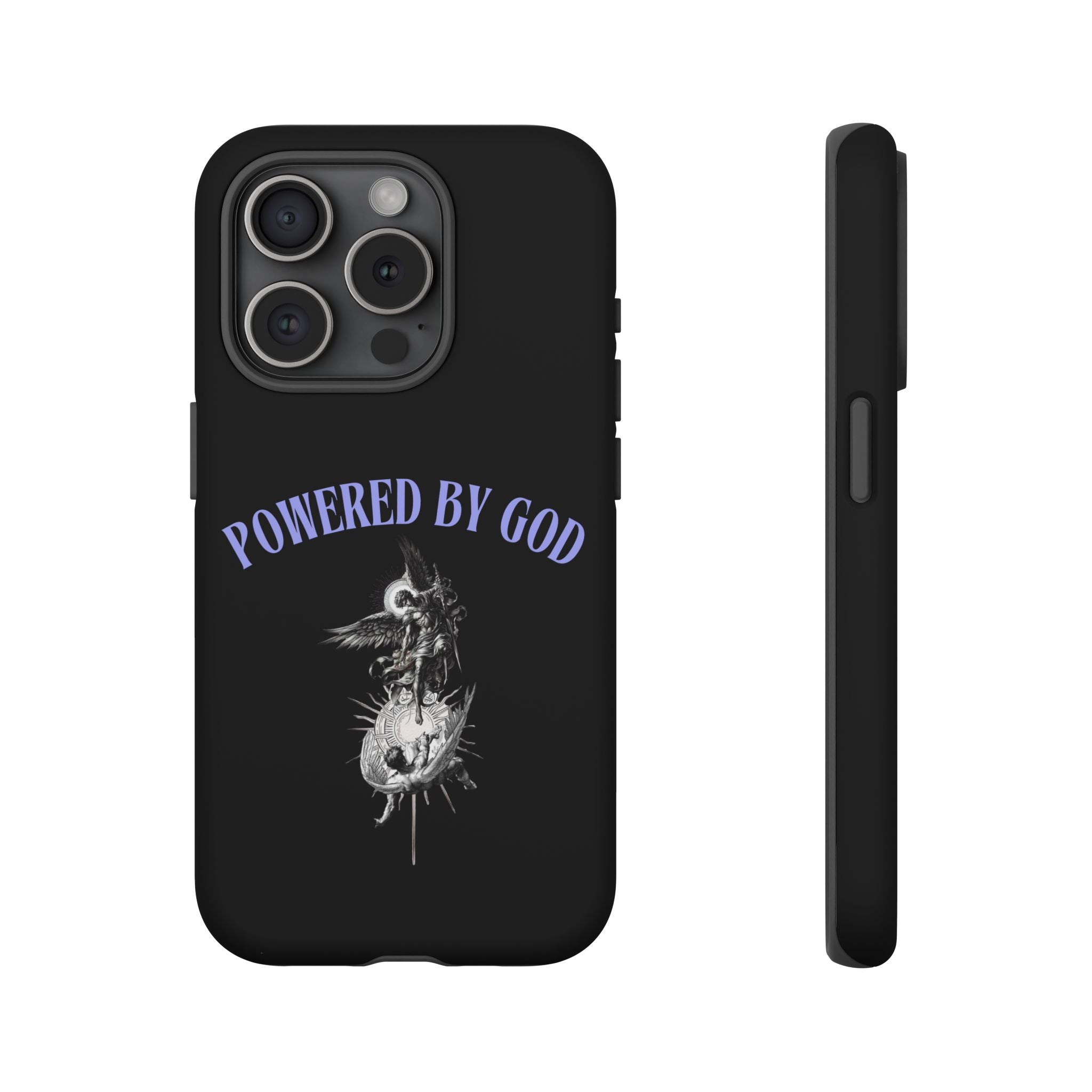 Phone Case — "Powered by God" Black Protective Case with Angelic Skull Design