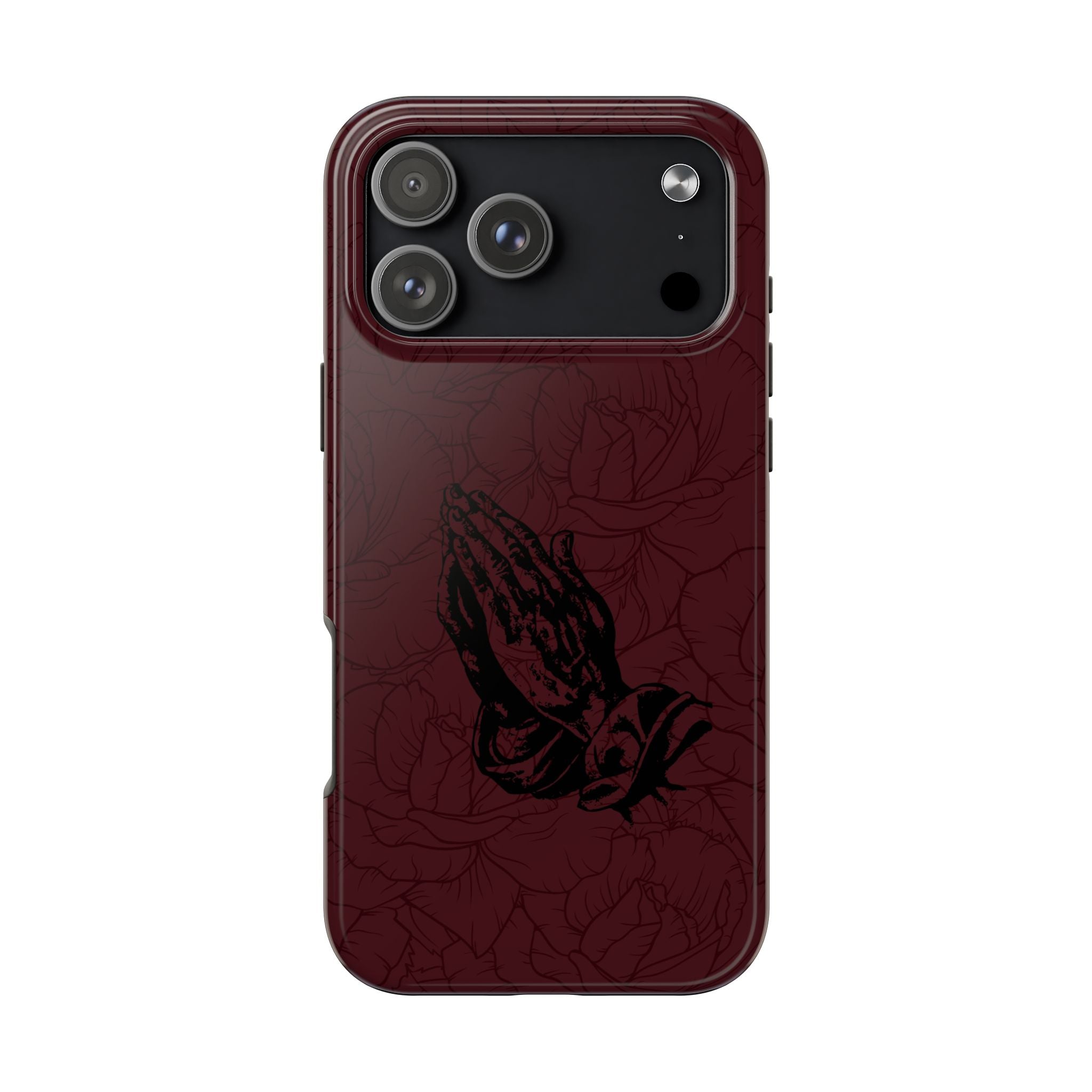 Burgundy Praying Hands Tough Phone Case – Floral Background, Religious Protective Cover