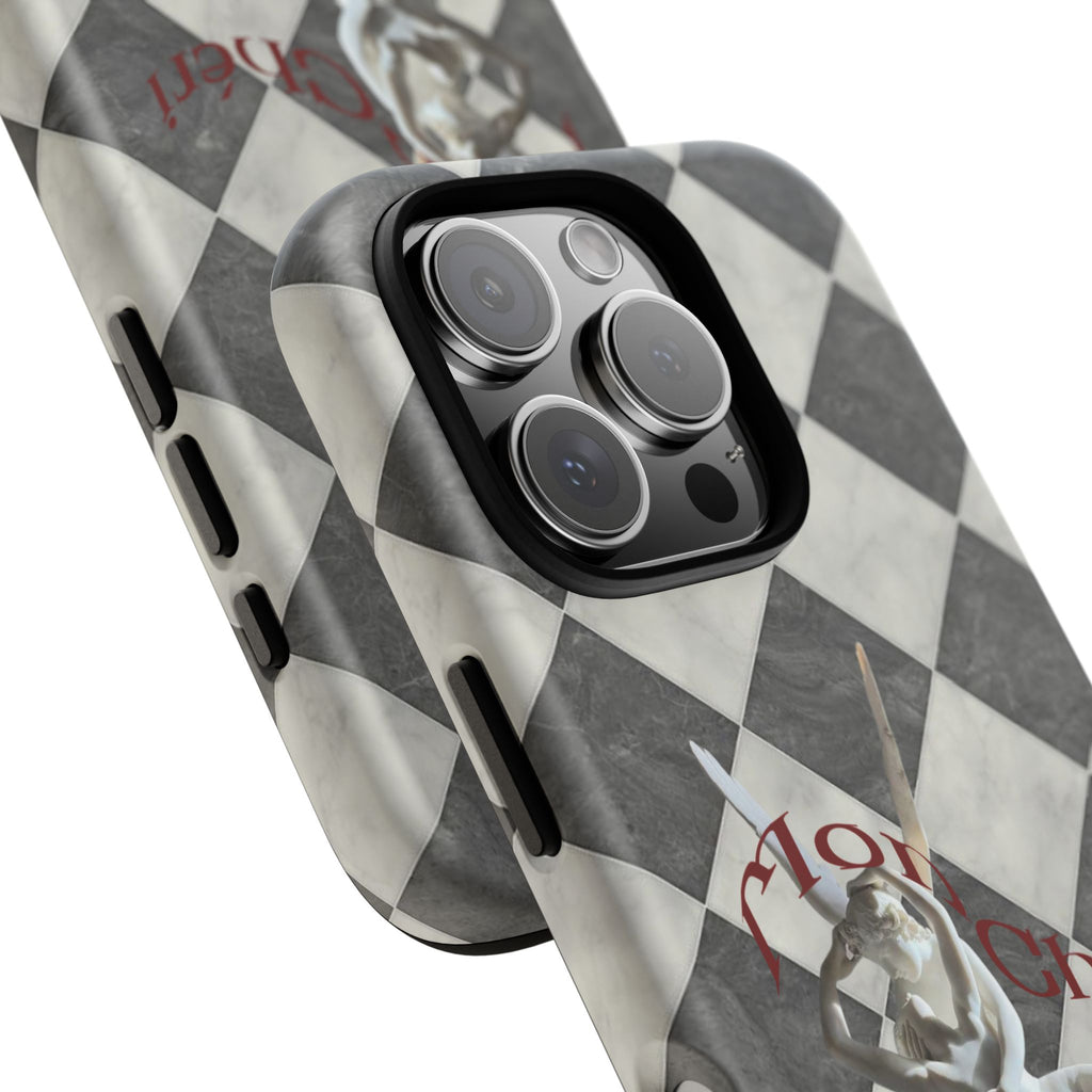 Phone Case — Vintage Harlequin Design with 'Mon Cheri' Statue Accent