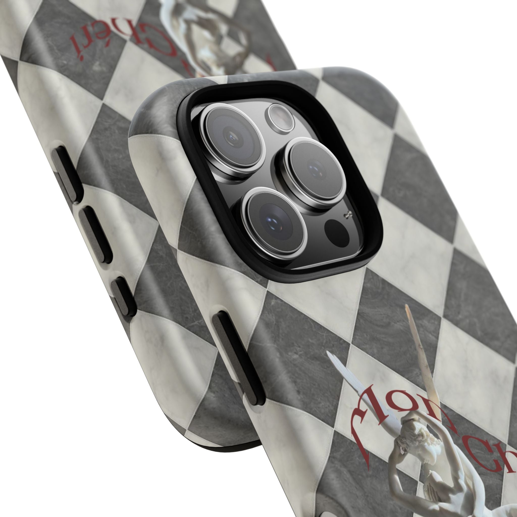 Phone Case — Vintage Harlequin Design with 'Mon Cheri' Statue Accent