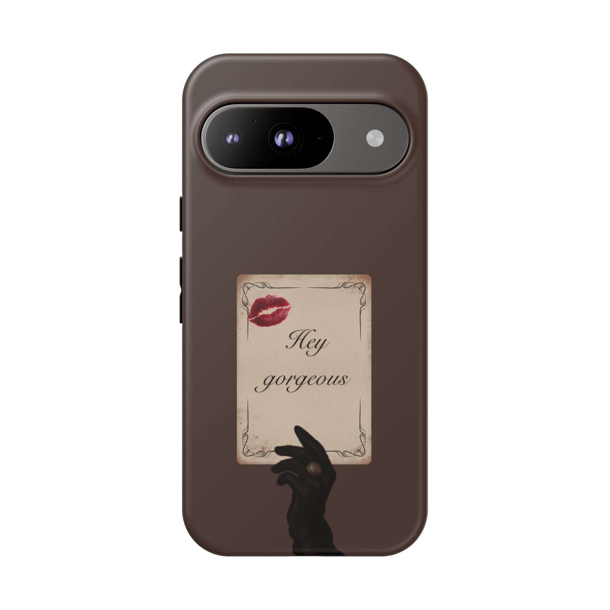 Hey Gorgeous Phone Case — Brown Lip Print & Shadow Hand Protective Cover