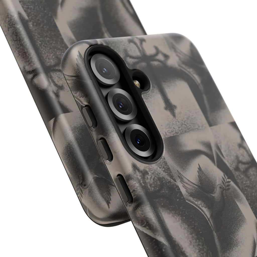 Gothic Cross & Dove Phone Case — Moody Checkerboard Protective Case