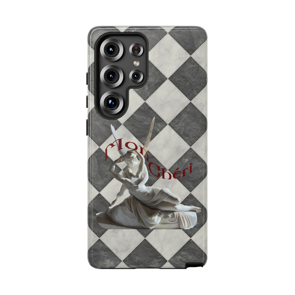 Phone Case — Vintage Harlequin Design with 'Mon Cheri' Statue Accent