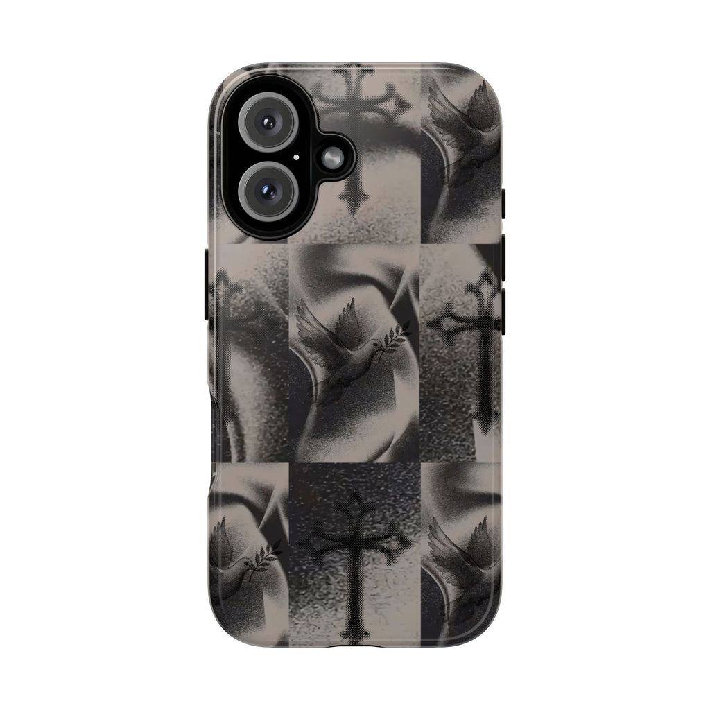 Gothic Cross & Dove Phone Case — Moody Checkerboard Protective Case
