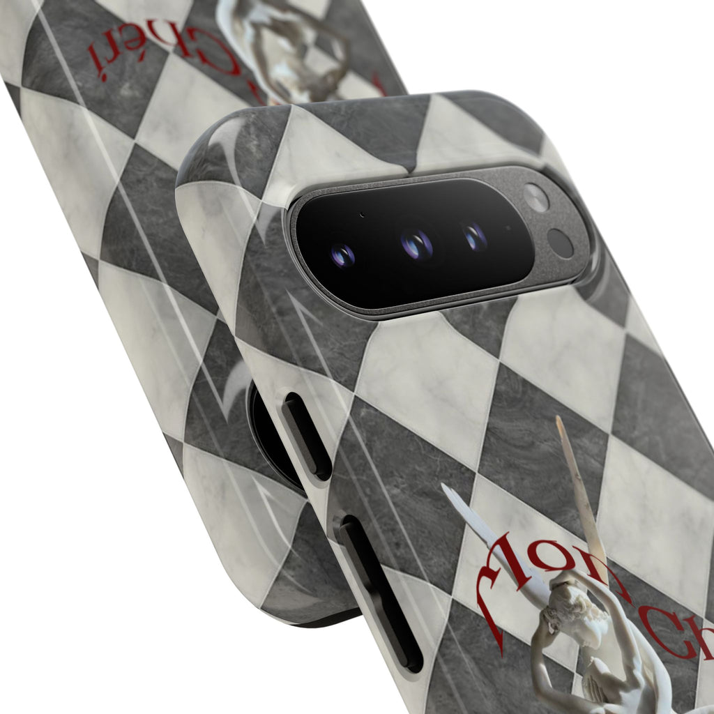 Phone Case — Vintage Harlequin Design with 'Mon Cheri' Statue Accent