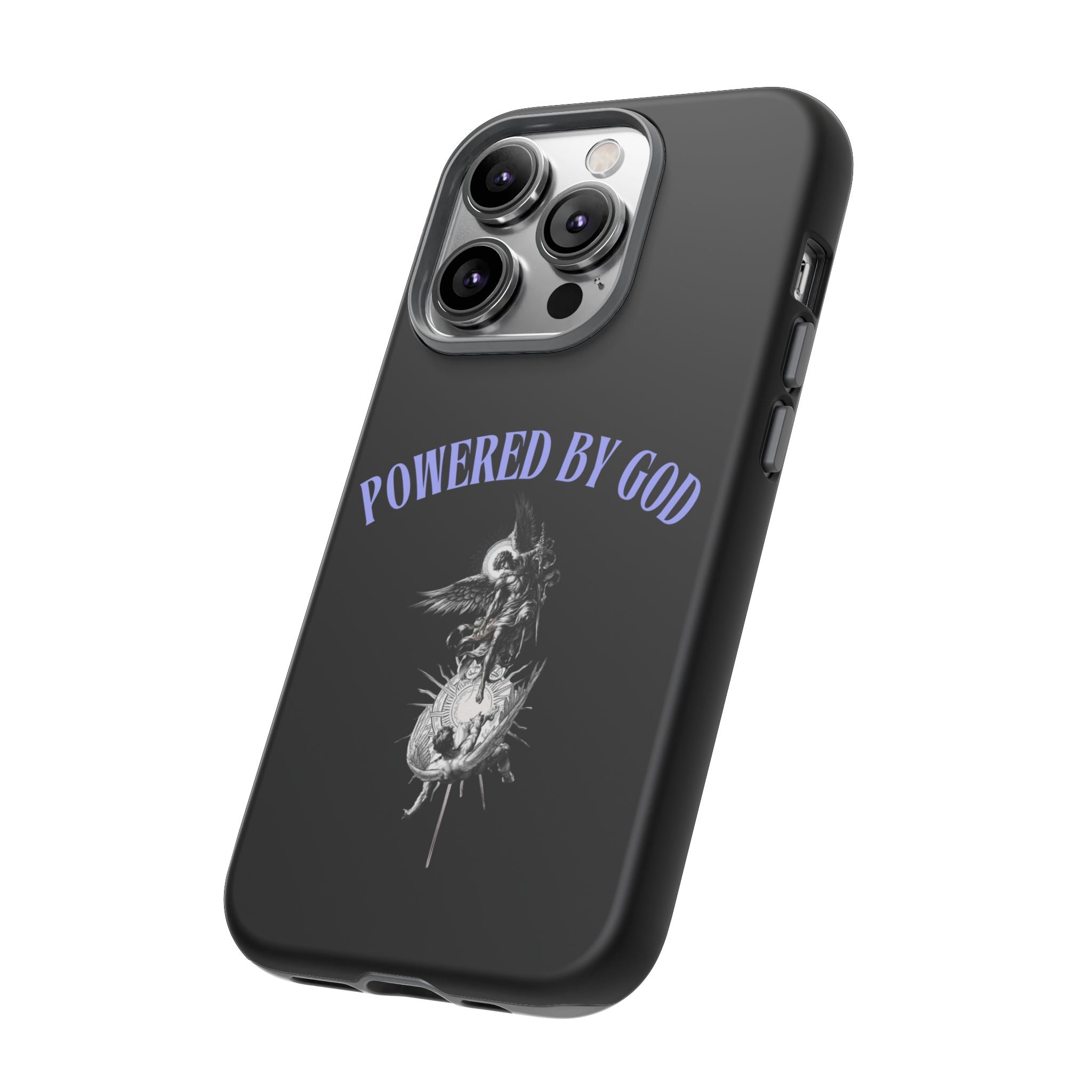 Phone Case — "Powered by God" Black Protective Case with Angelic Skull Design