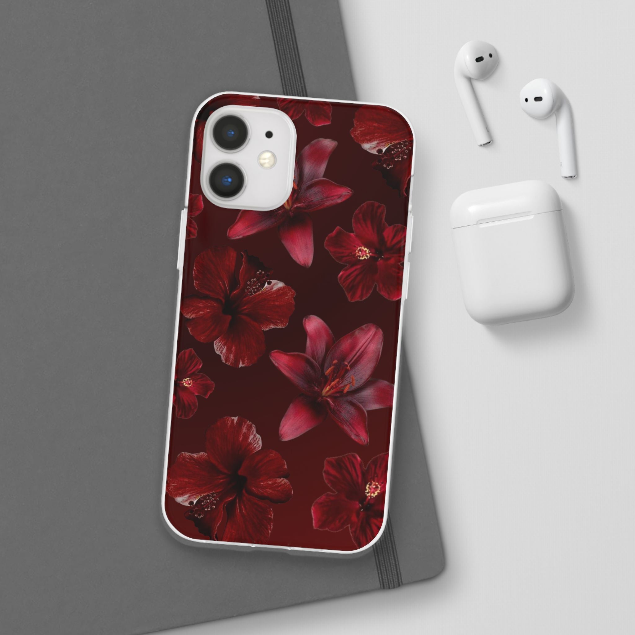Red Floral Flexi Phone Case – Dark Burgundy Lily Pattern