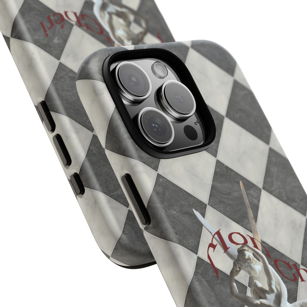 Phone Case — Vintage Harlequin Design with 'Mon Cheri' Statue Accent