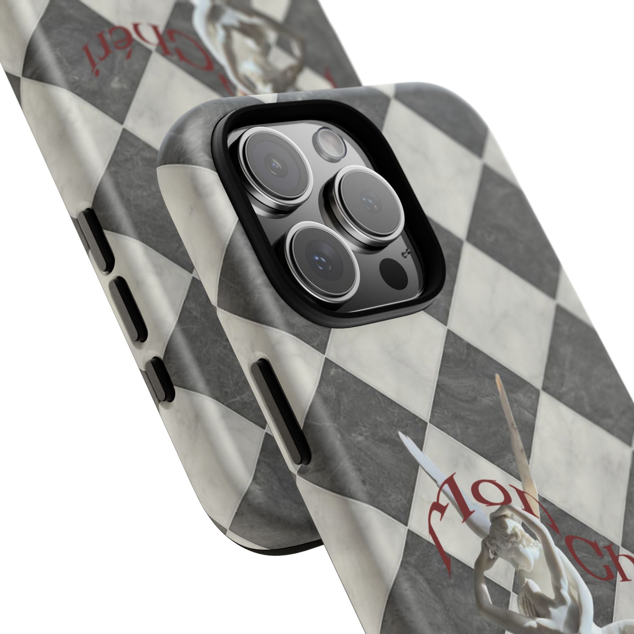 Phone Case — Vintage Harlequin Design with 'Mon Cheri' Statue Accent
