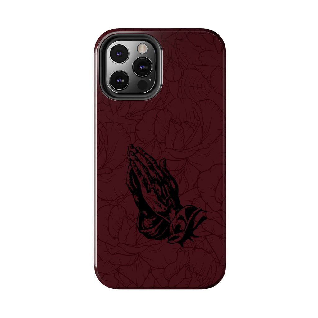 Burgundy Praying Hands Tough Phone Case – Floral Background, Religious Protective Cover