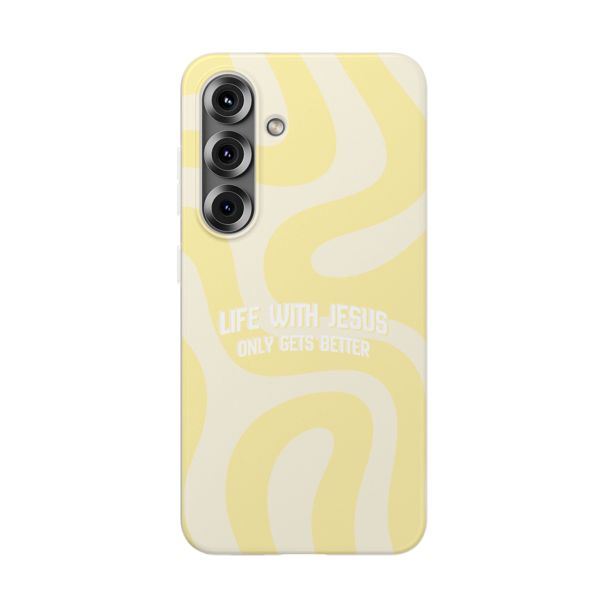 Christian Phone Case - "Life With Jesus Only Gets Better" Yellow Swirl Flexi Case