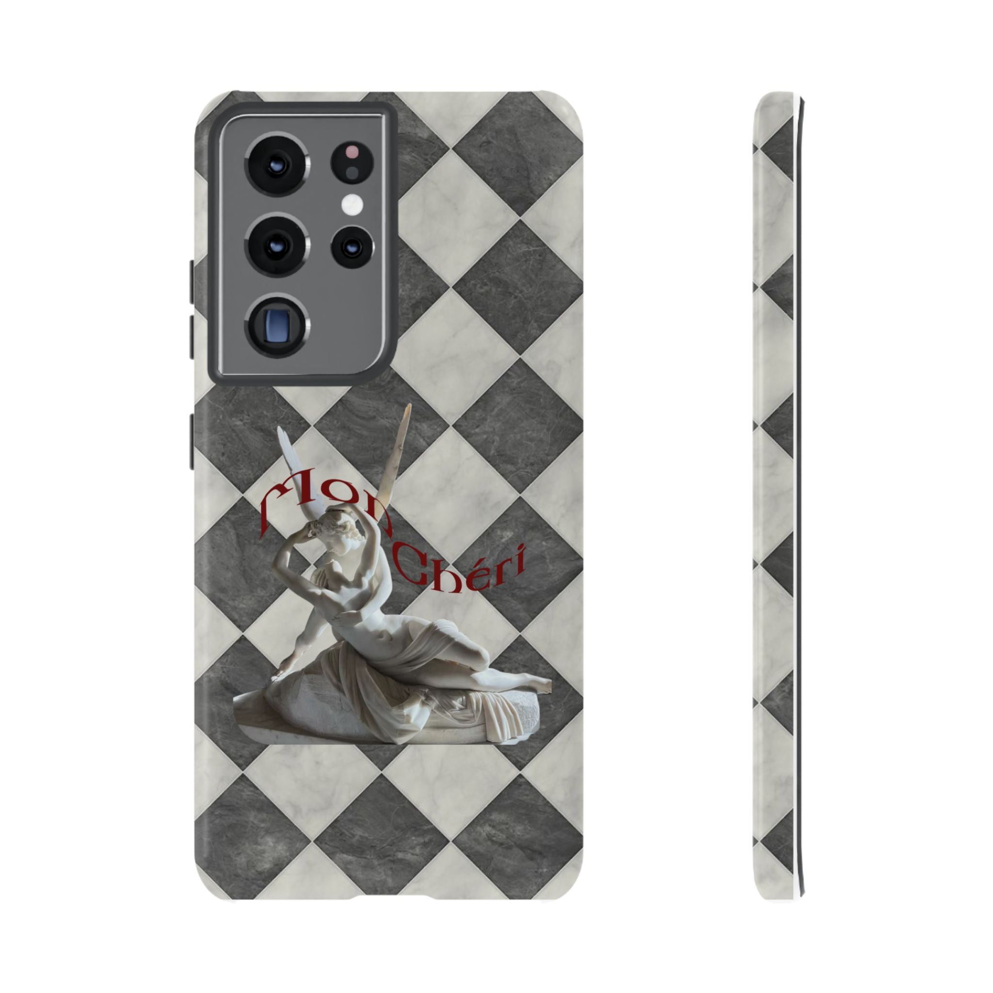 Phone Case — Vintage Harlequin Design with 'Mon Cheri' Statue Accent