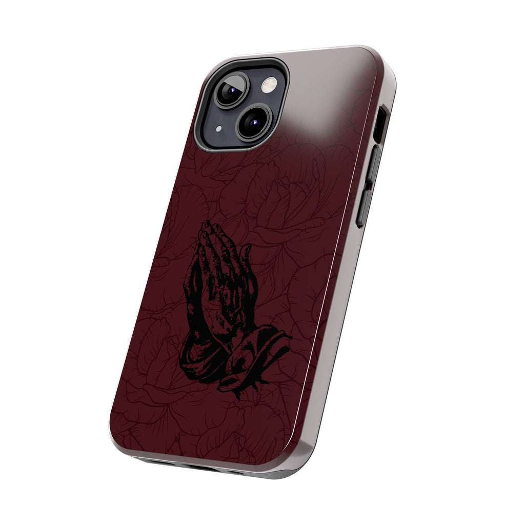 Burgundy Praying Hands Tough Phone Case – Floral Background, Religious Protective Cover
