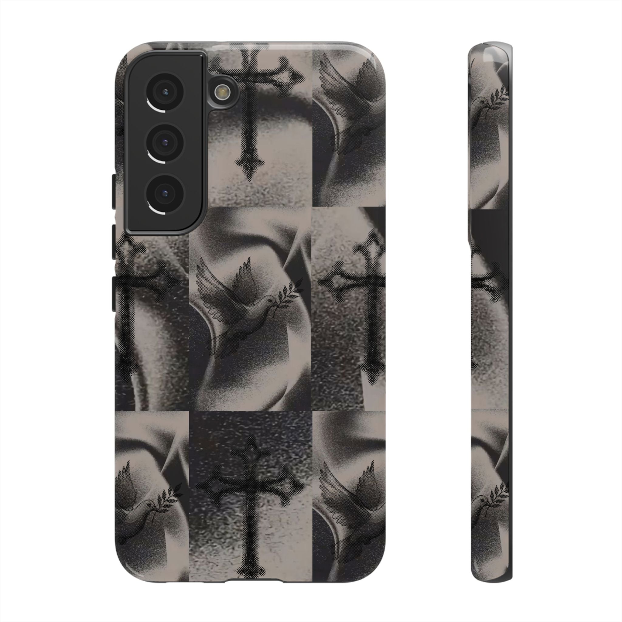Gothic Cross & Dove Phone Case — Moody Checkerboard Protective Case