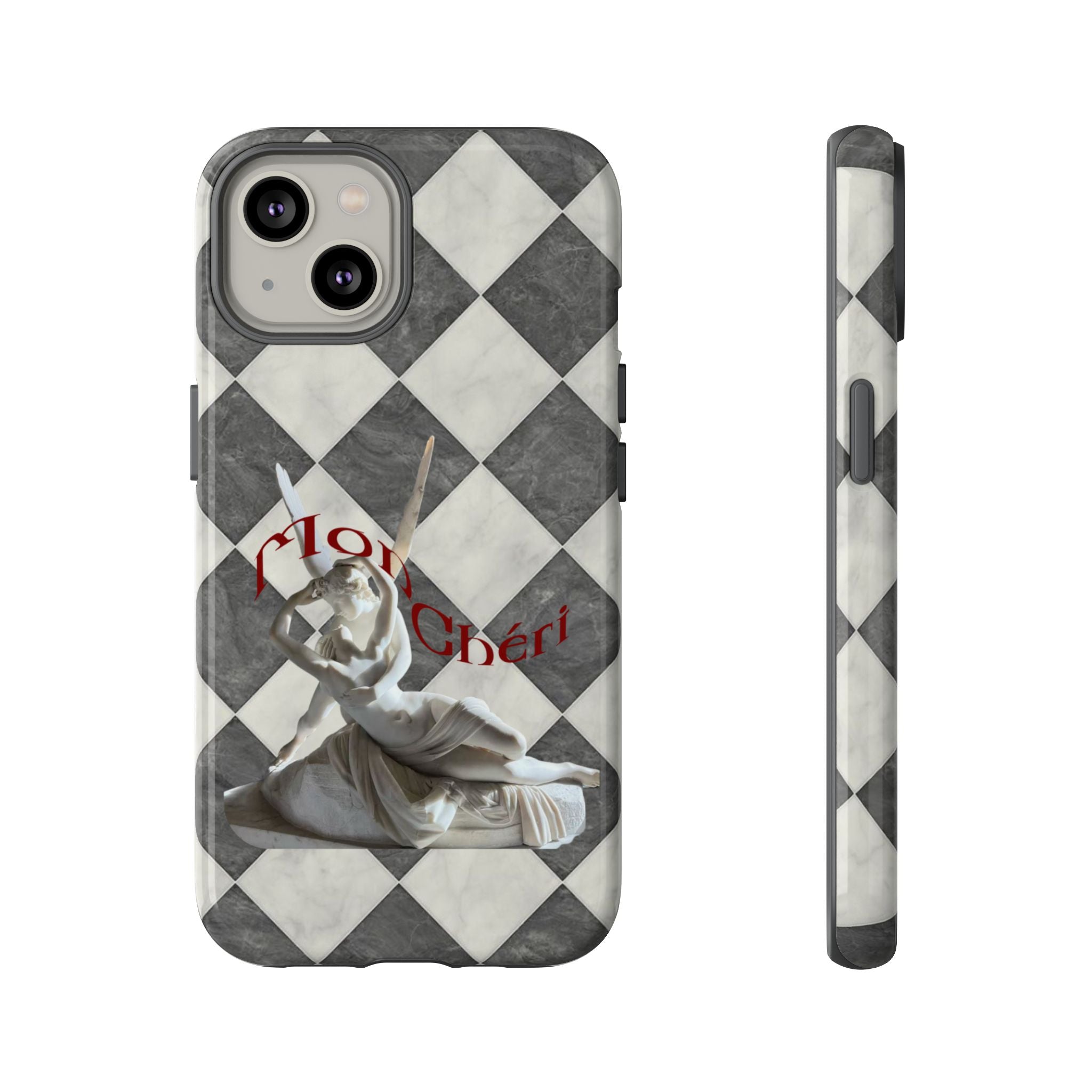Phone Case — Vintage Harlequin Design with 'Mon Cheri' Statue Accent
