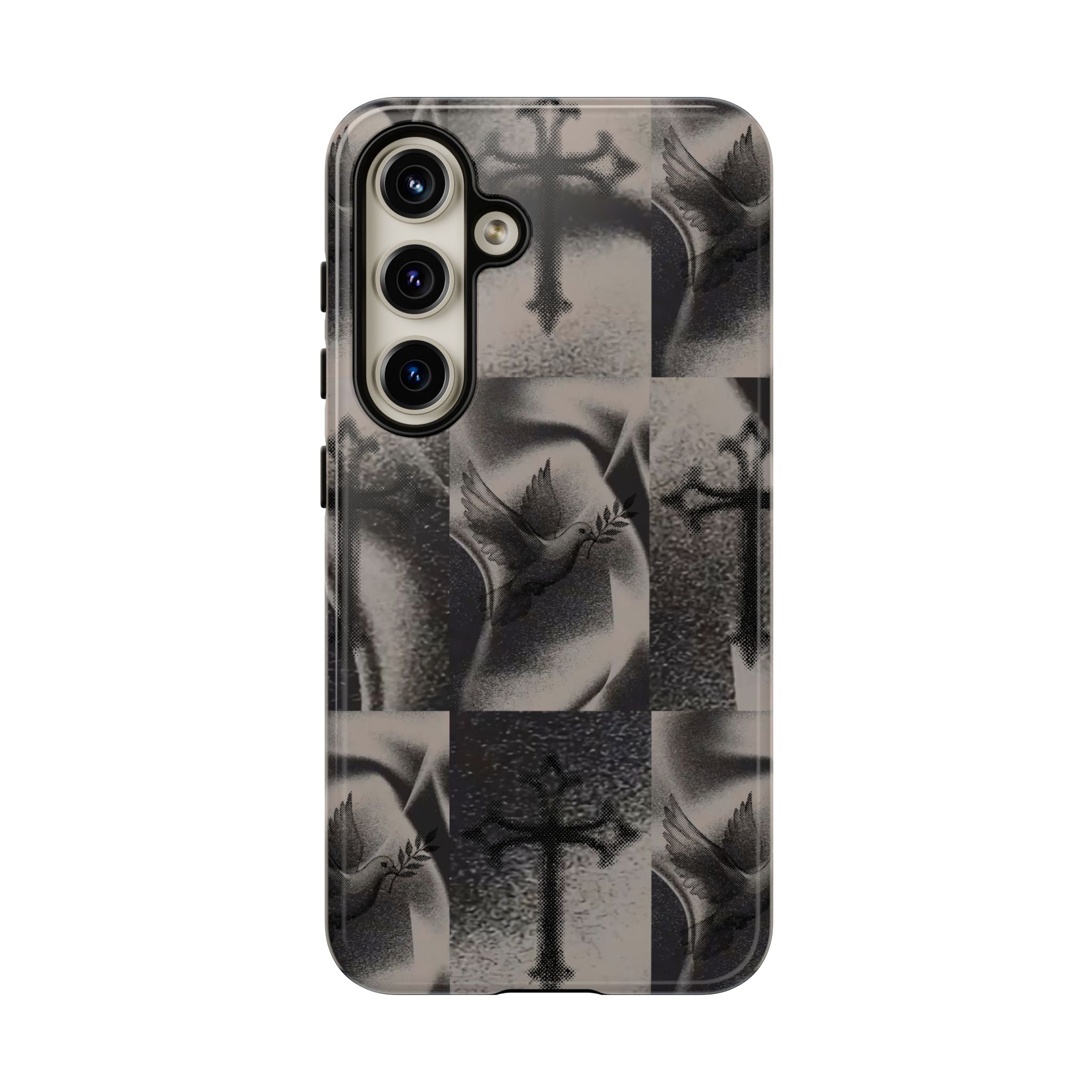 Gothic Cross & Dove Phone Case — Moody Checkerboard Protective Case