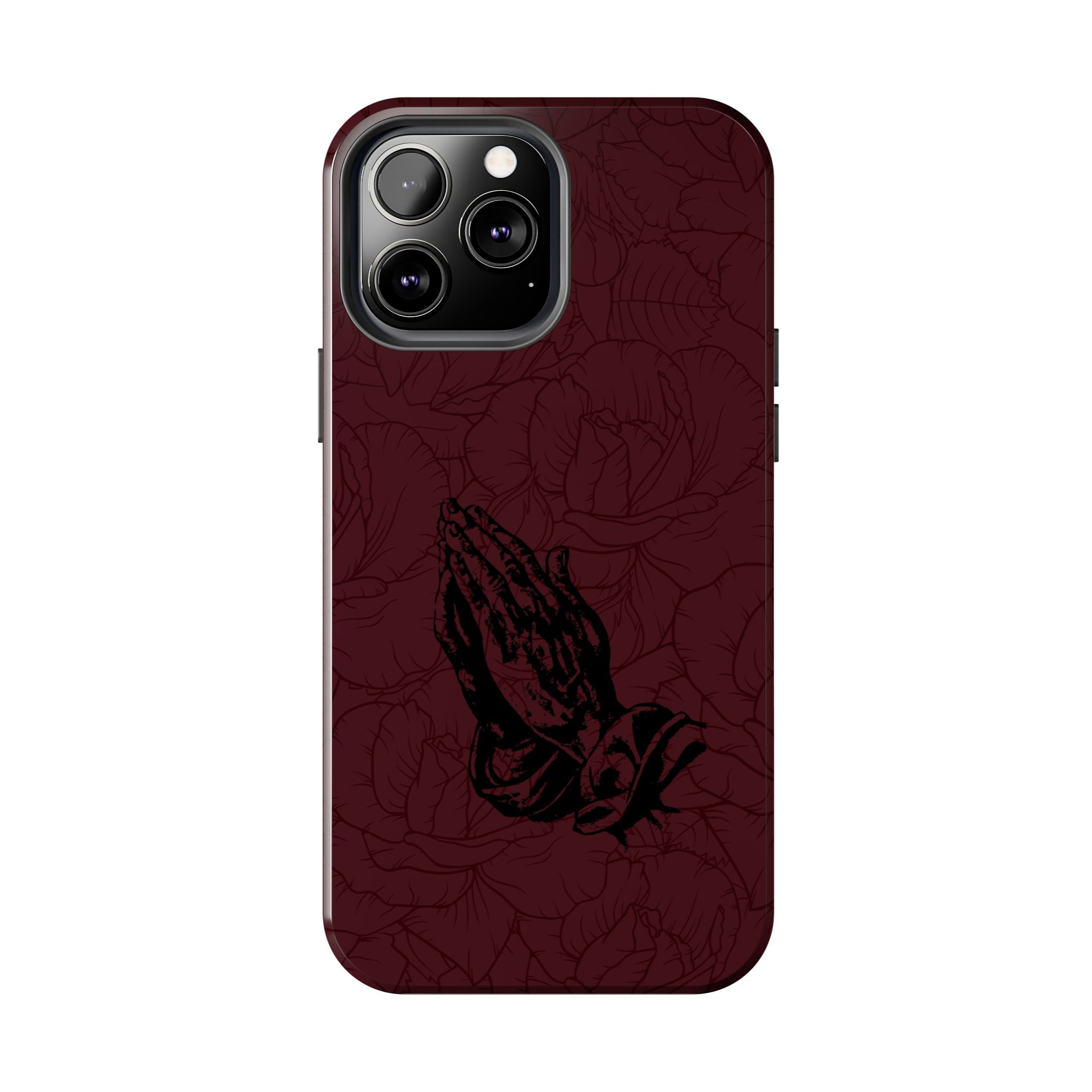Burgundy Praying Hands Tough Phone Case – Floral Background, Religious Protective Cover